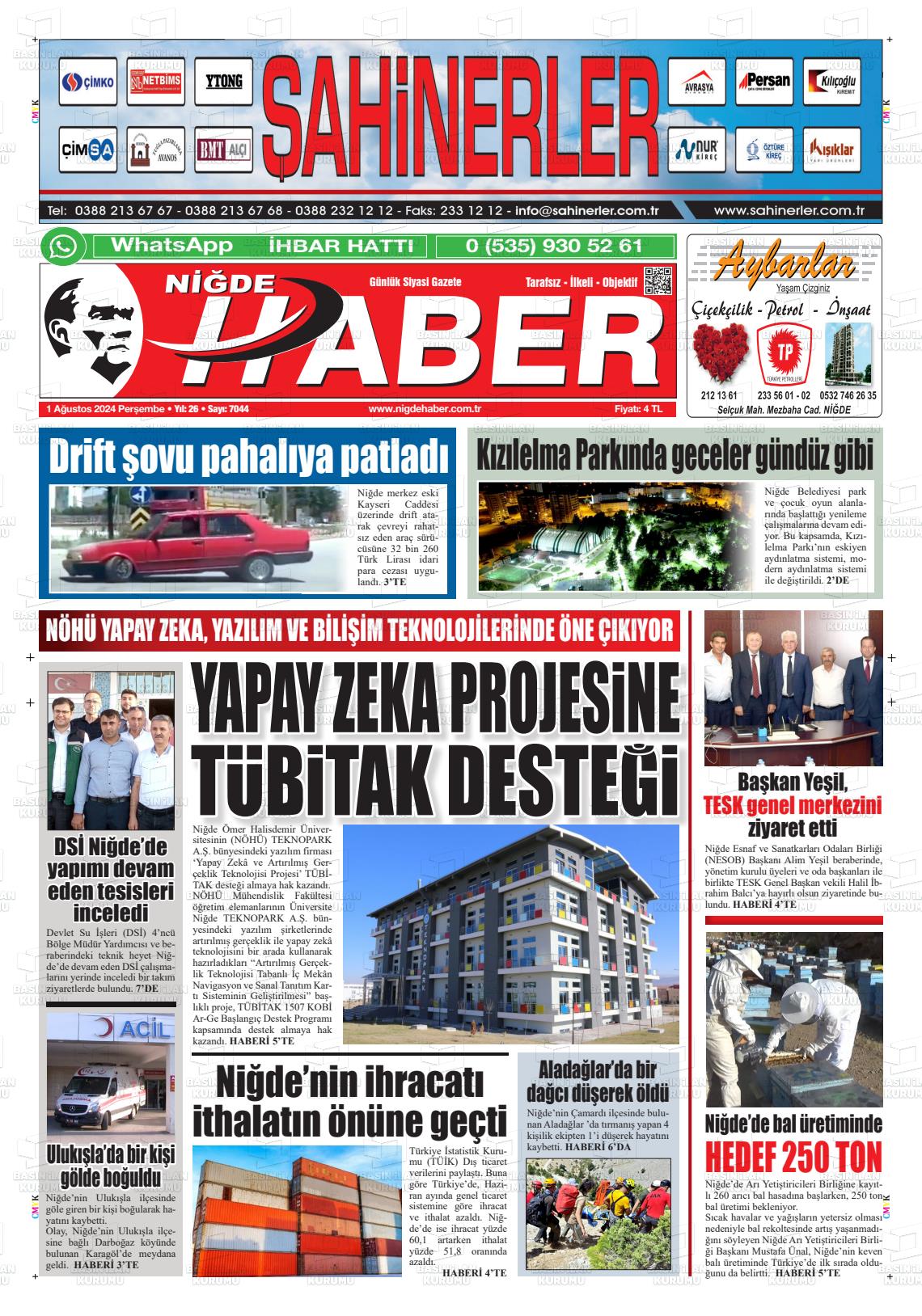 01 Ağustos 2024 Niğde Haber Gazete Manşeti