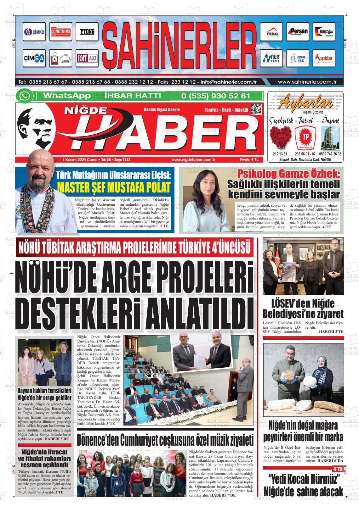 01 Kasım 2024 Niğde Haber Gazete Manşeti