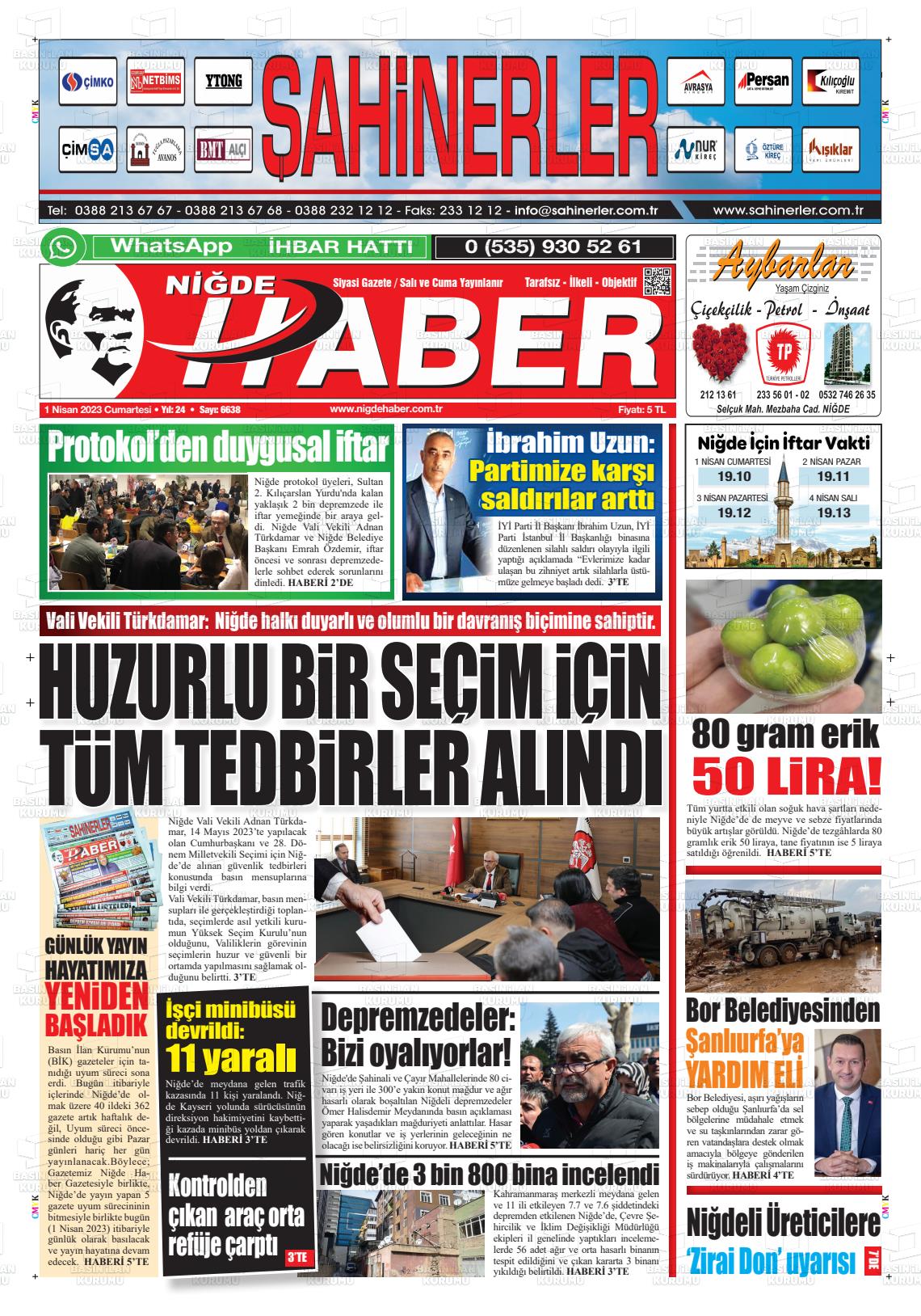 01 Nisan 2023 Niğde Haber Gazete Manşeti