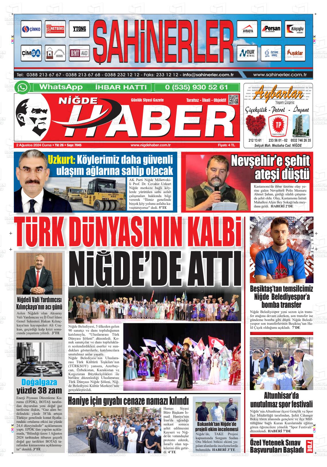 02 Ağustos 2024 Niğde Haber Gazete Manşeti