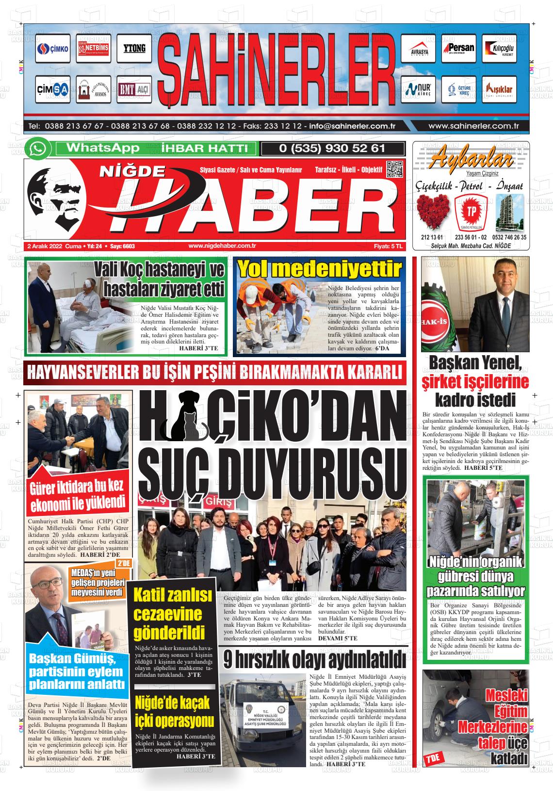 02 Aralık 2022 Niğde Haber Gazete Manşeti