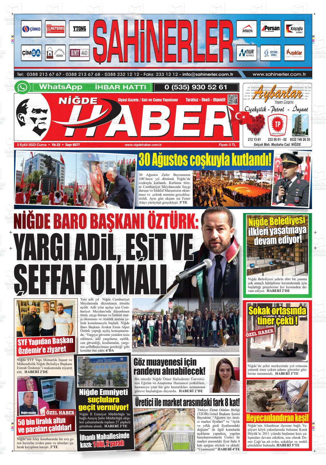 02 Eylül 2022 Niğde Haber Gazete Manşeti