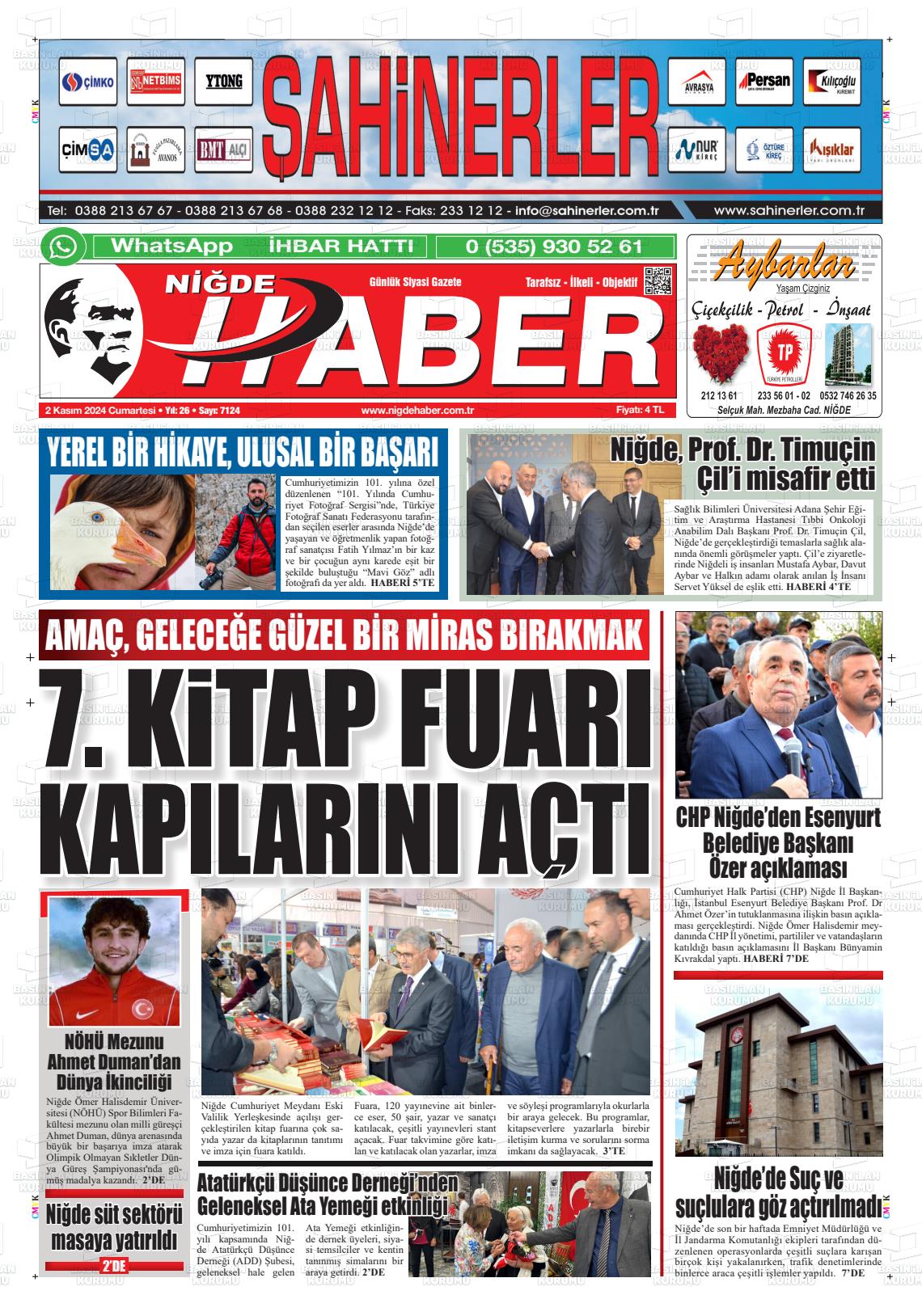 02 Kasım 2024 Niğde Haber Gazete Manşeti