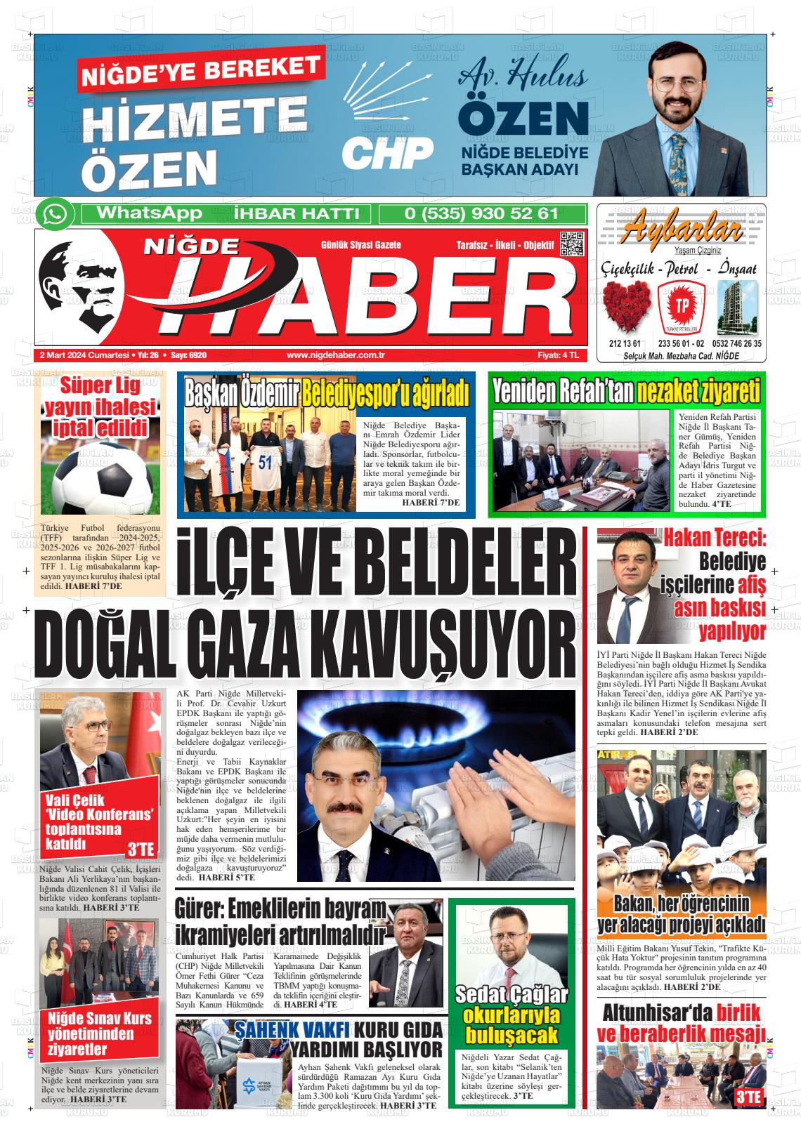 02 Mart 2024 Niğde Haber Gazete Manşeti