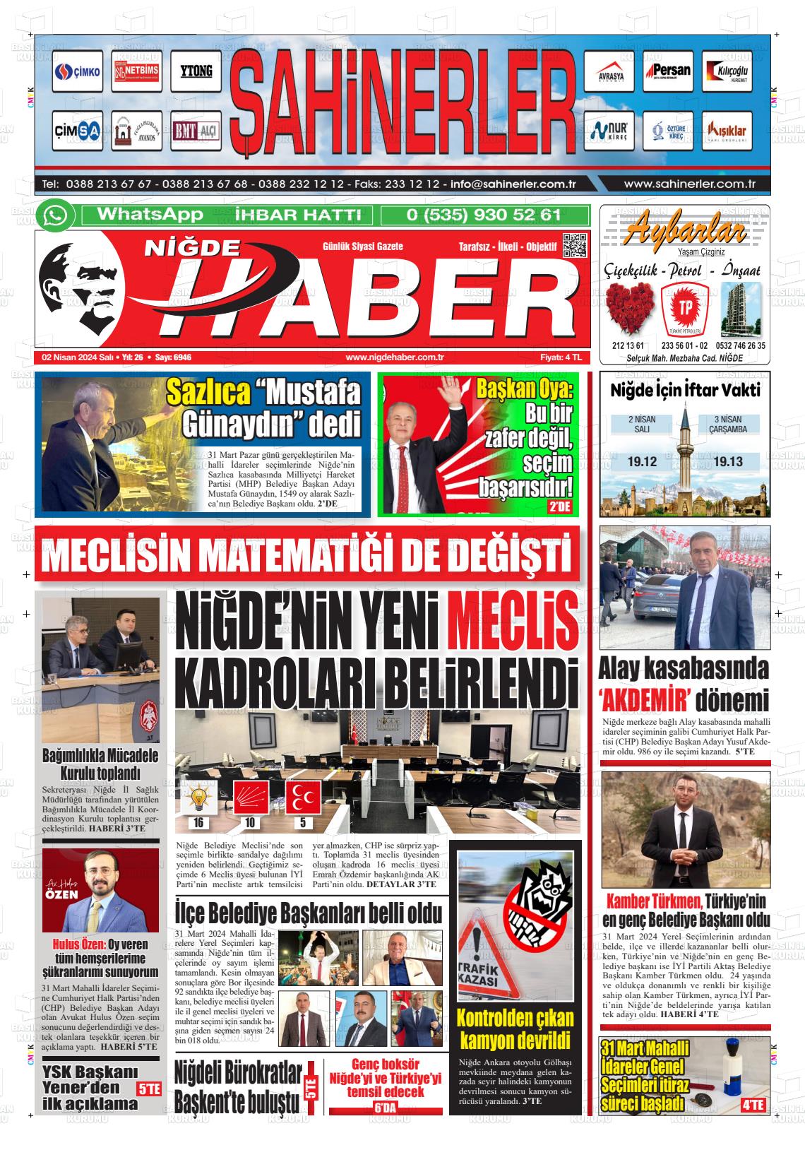 02 Nisan 2024 Niğde Haber Gazete Manşeti