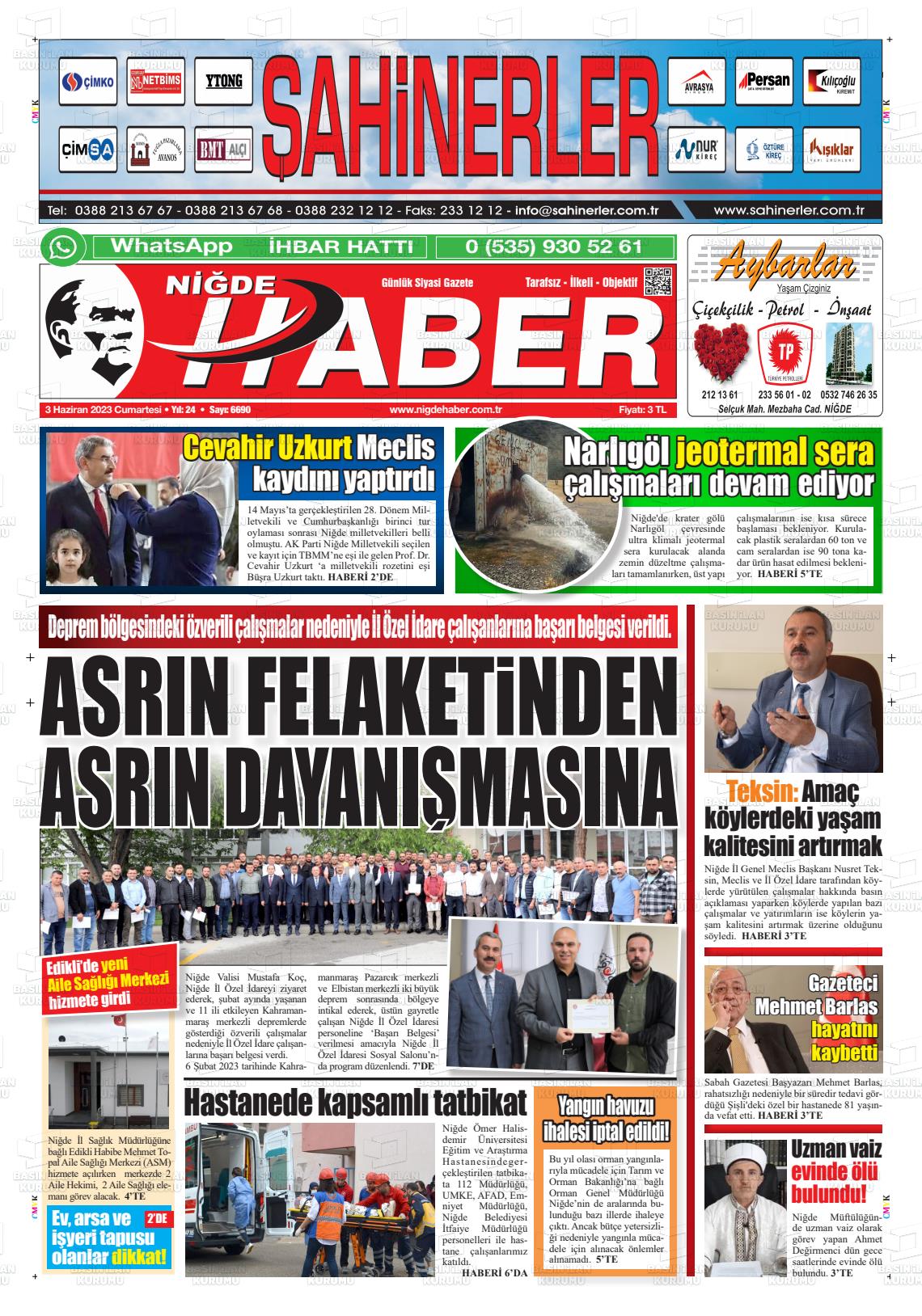 03 Haziran 2023 Niğde Haber Gazete Manşeti