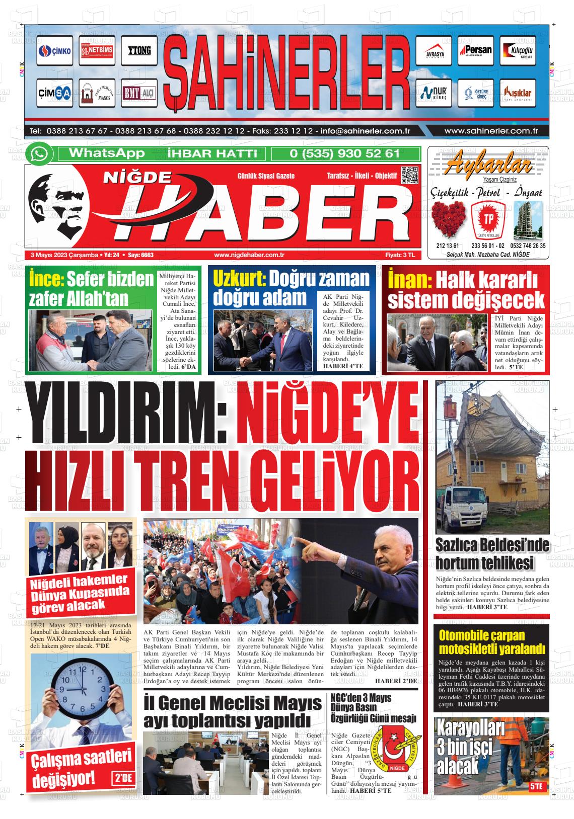 03 Mayıs 2023 Niğde Haber Gazete Manşeti