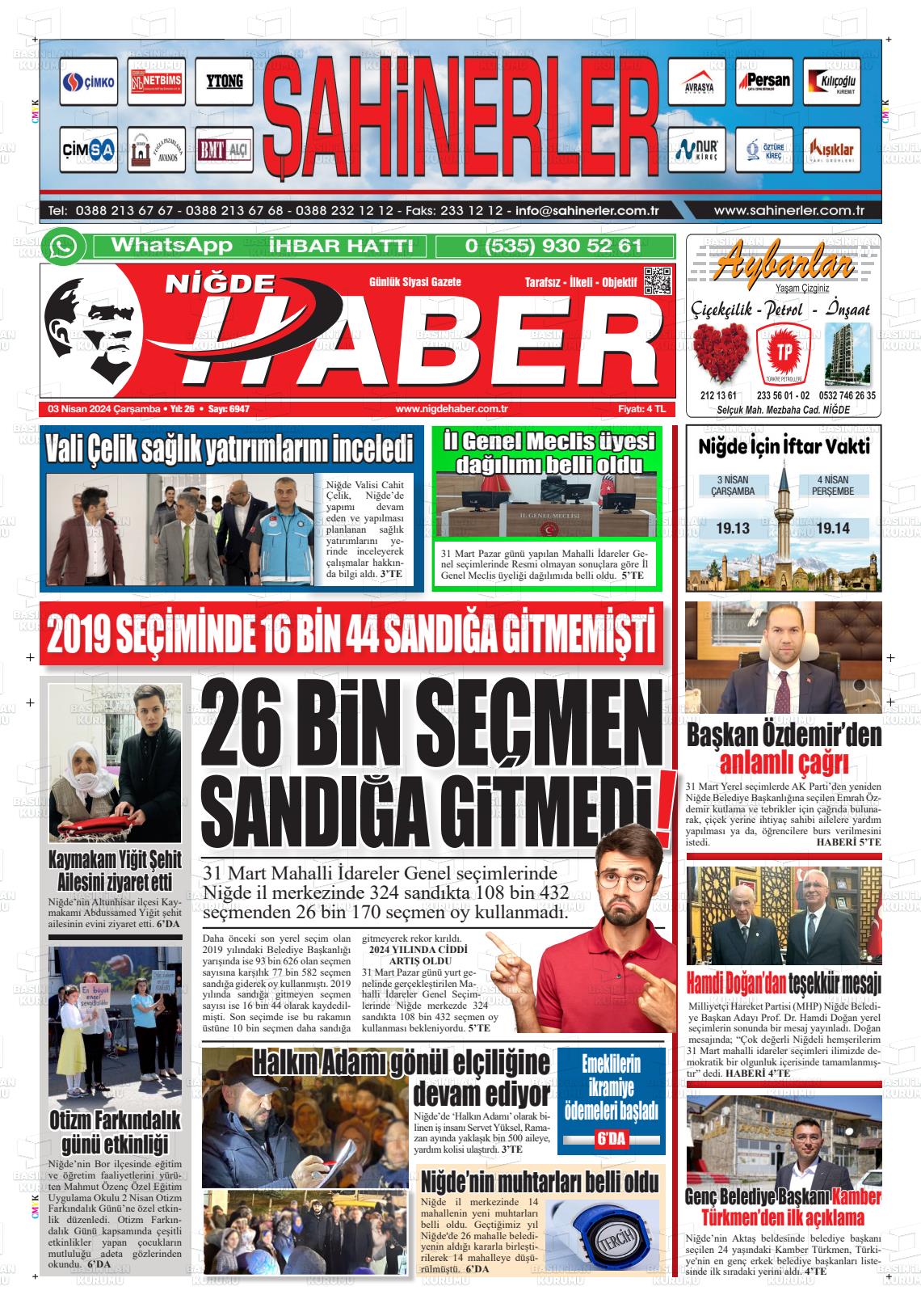 03 Nisan 2024 Niğde Haber Gazete Manşeti