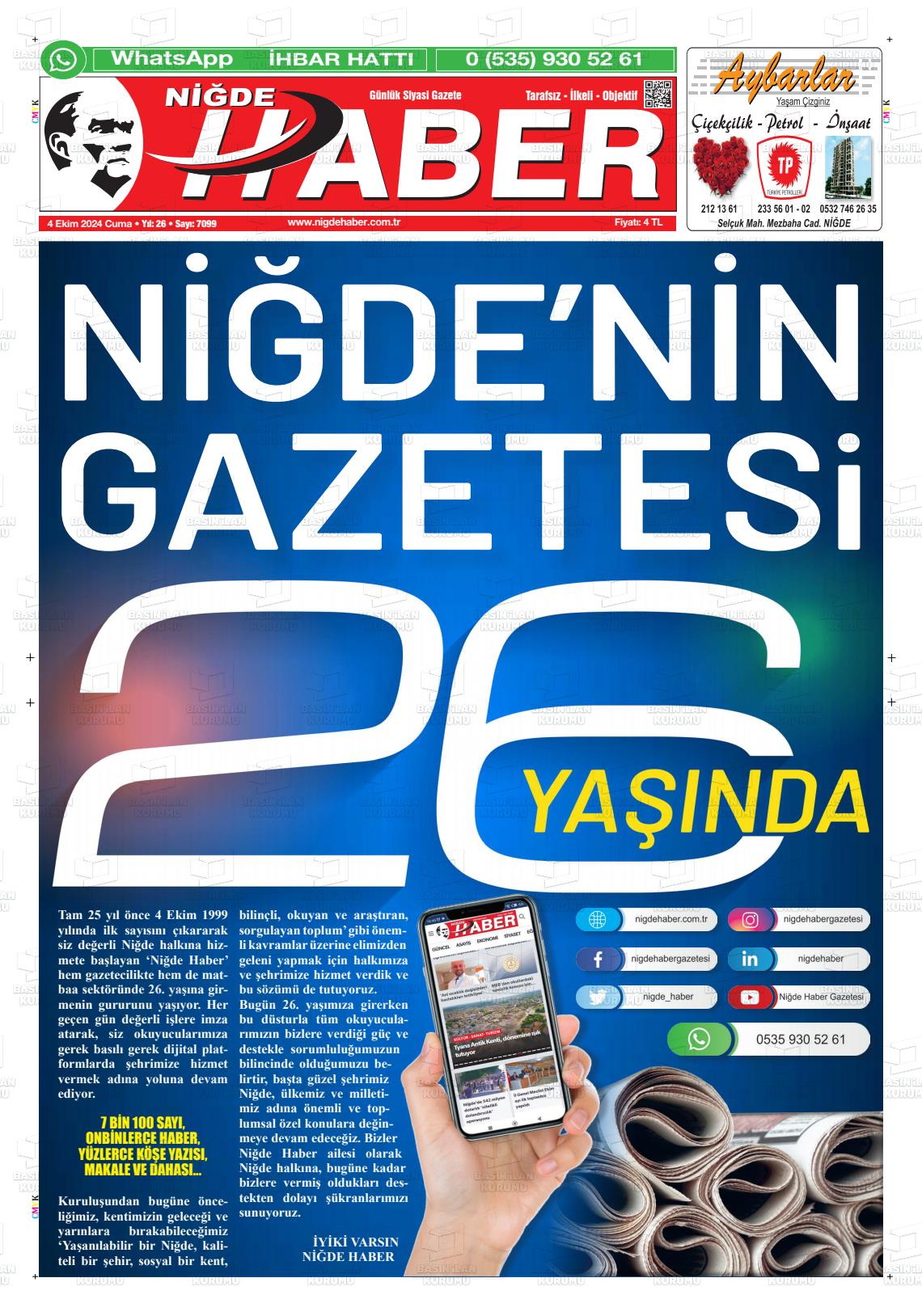 04 Ekim 2024 Niğde Haber Gazete Manşeti