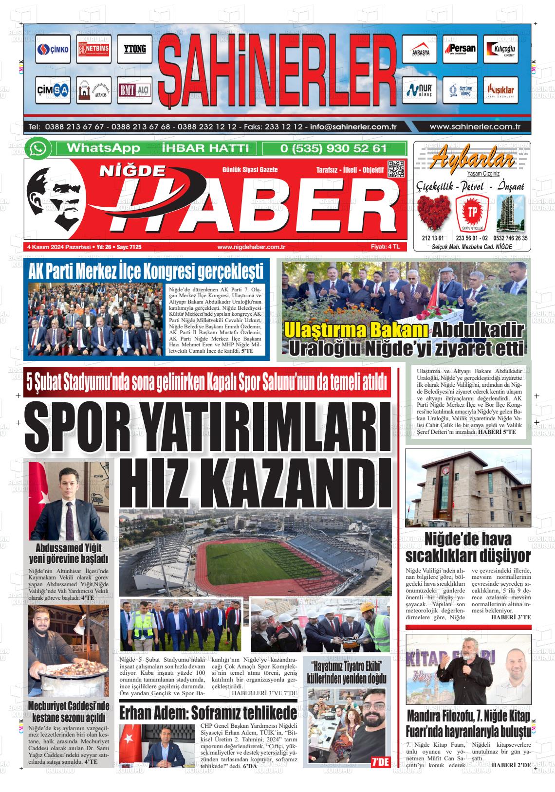 04 Kasım 2024 Niğde Haber Gazete Manşeti