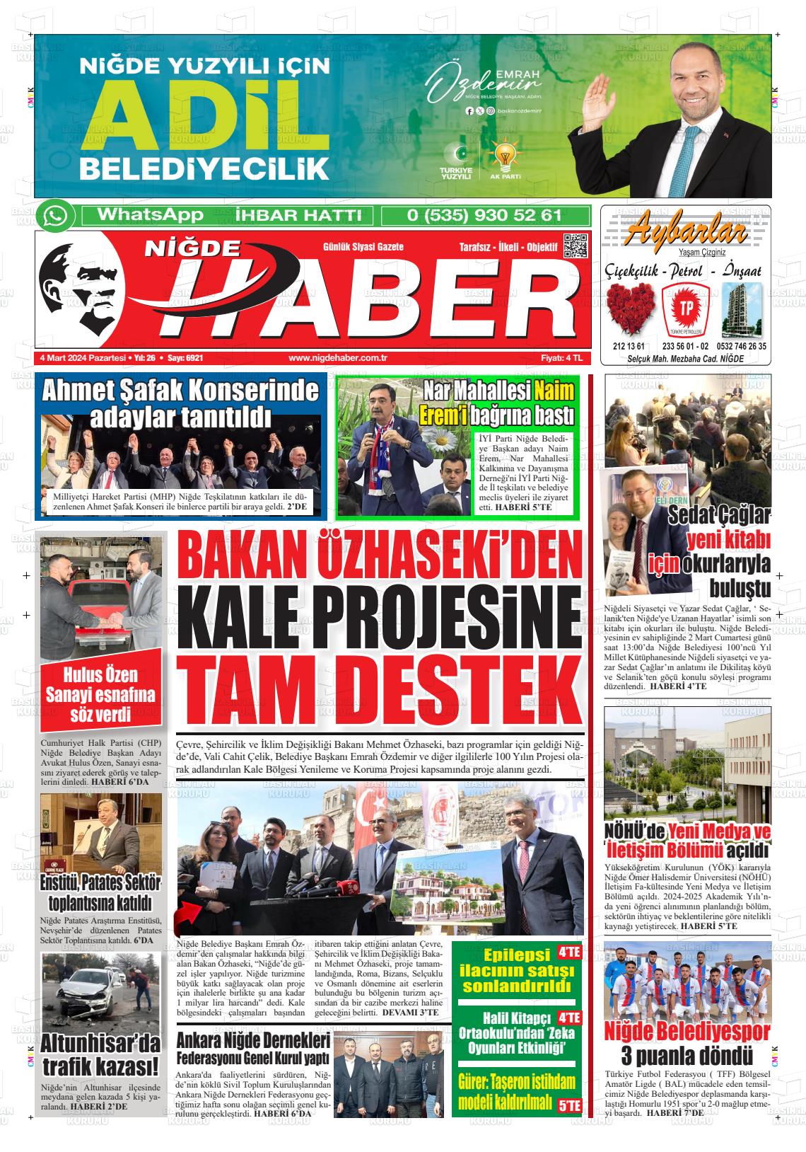 04 Mart 2024 Niğde Haber Gazete Manşeti