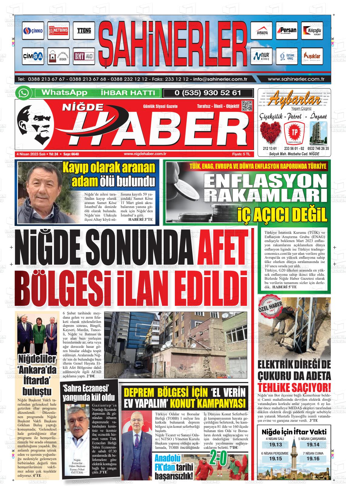 04 Nisan 2023 Niğde Haber Gazete Manşeti