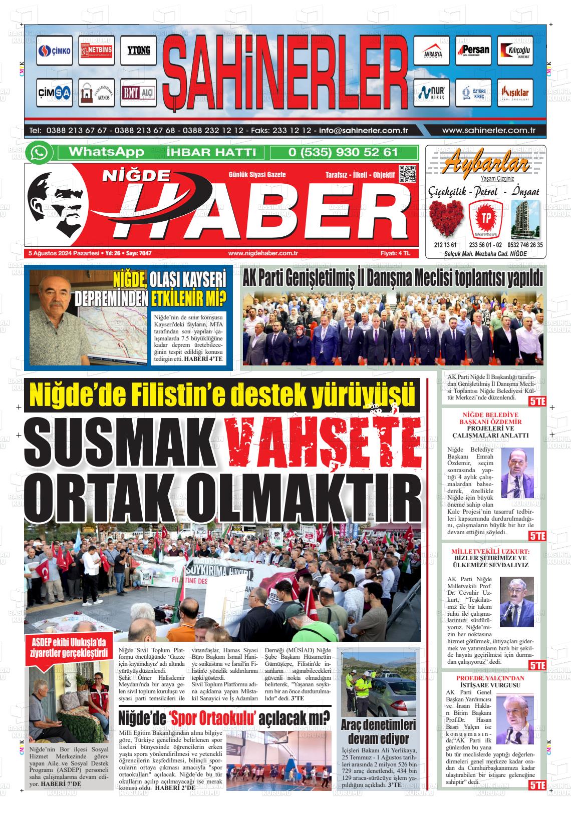 05 Ağustos 2024 Niğde Haber Gazete Manşeti