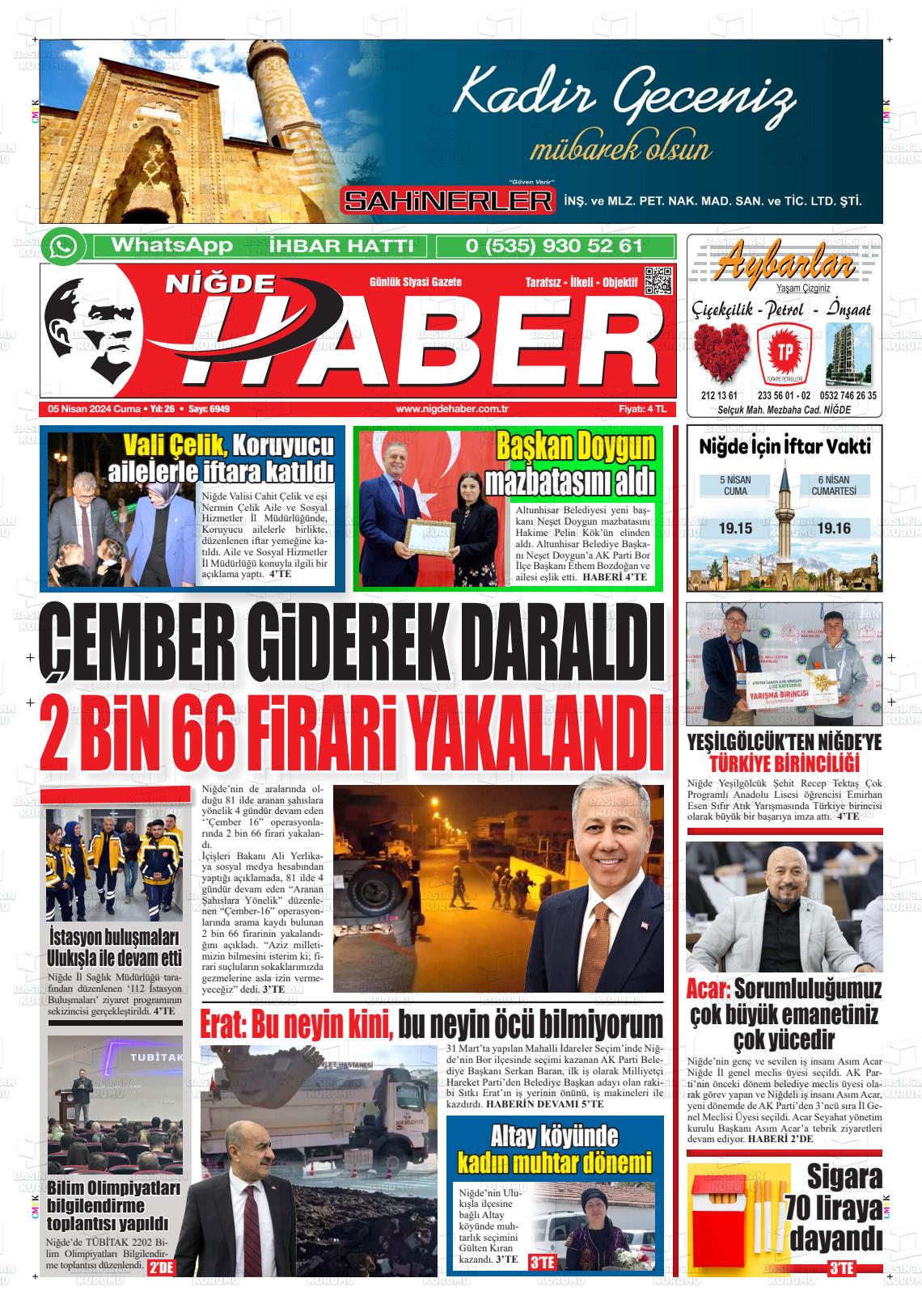 05 Nisan 2024 Niğde Haber Gazete Manşeti