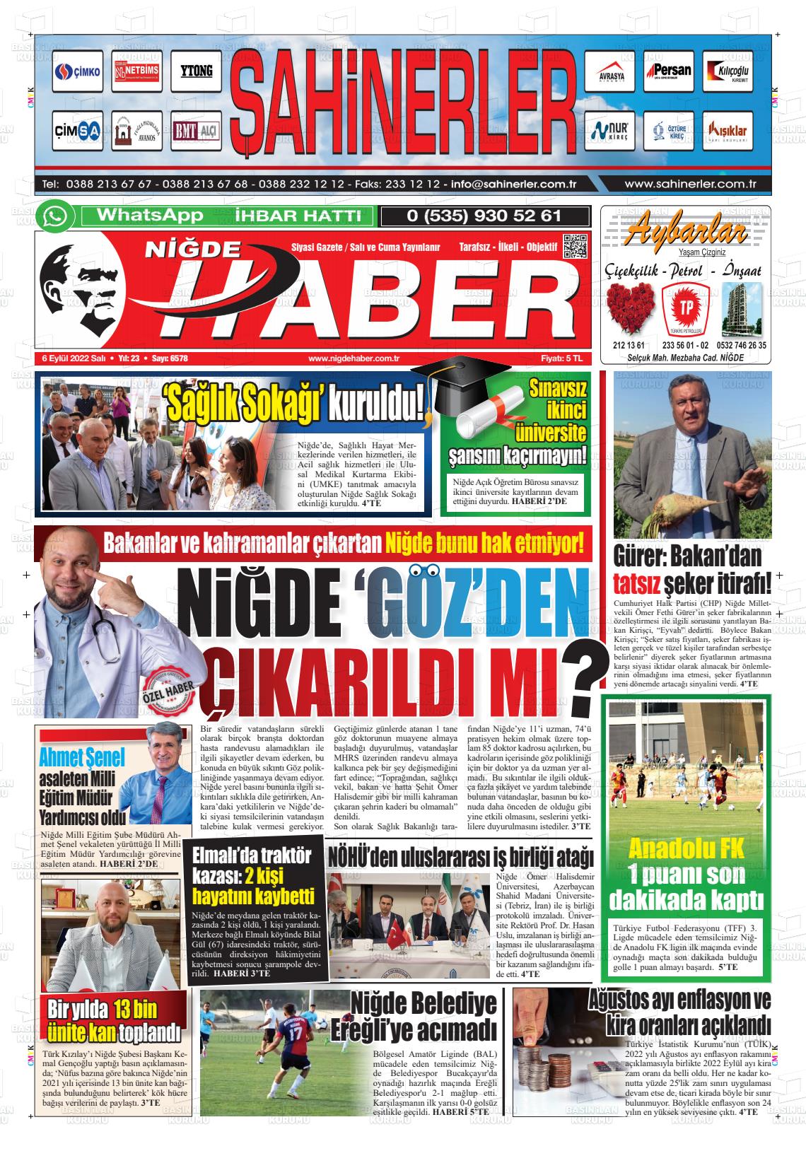 06 Eylül 2022 Niğde Haber Gazete Manşeti