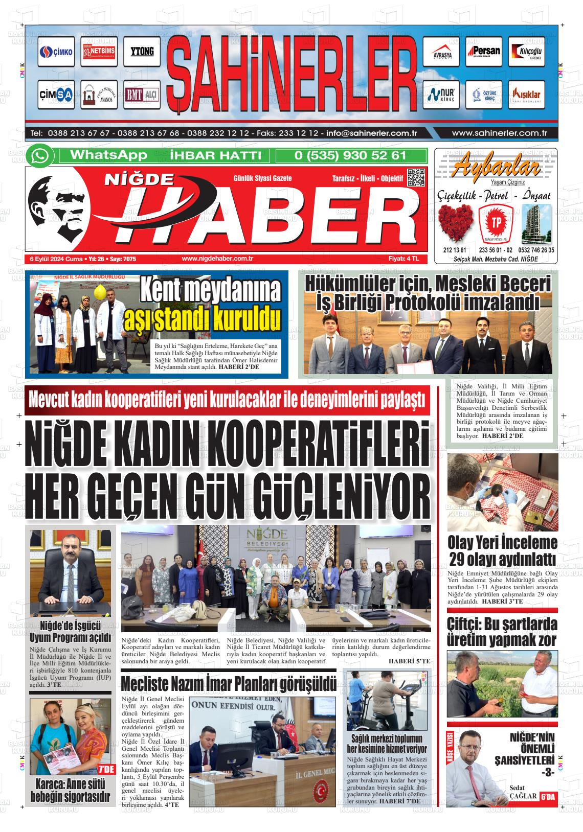 06 Eylül 2024 Niğde Haber Gazete Manşeti