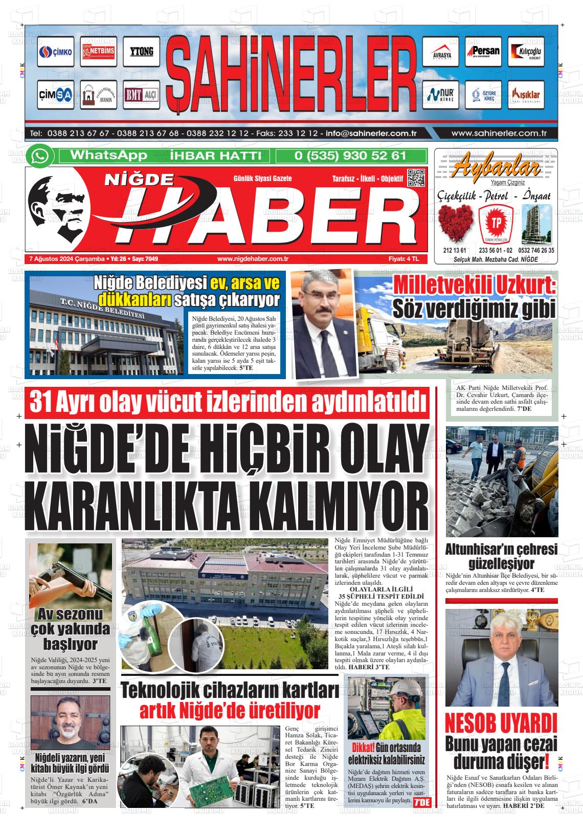 07 Ağustos 2024 Niğde Haber Gazete Manşeti