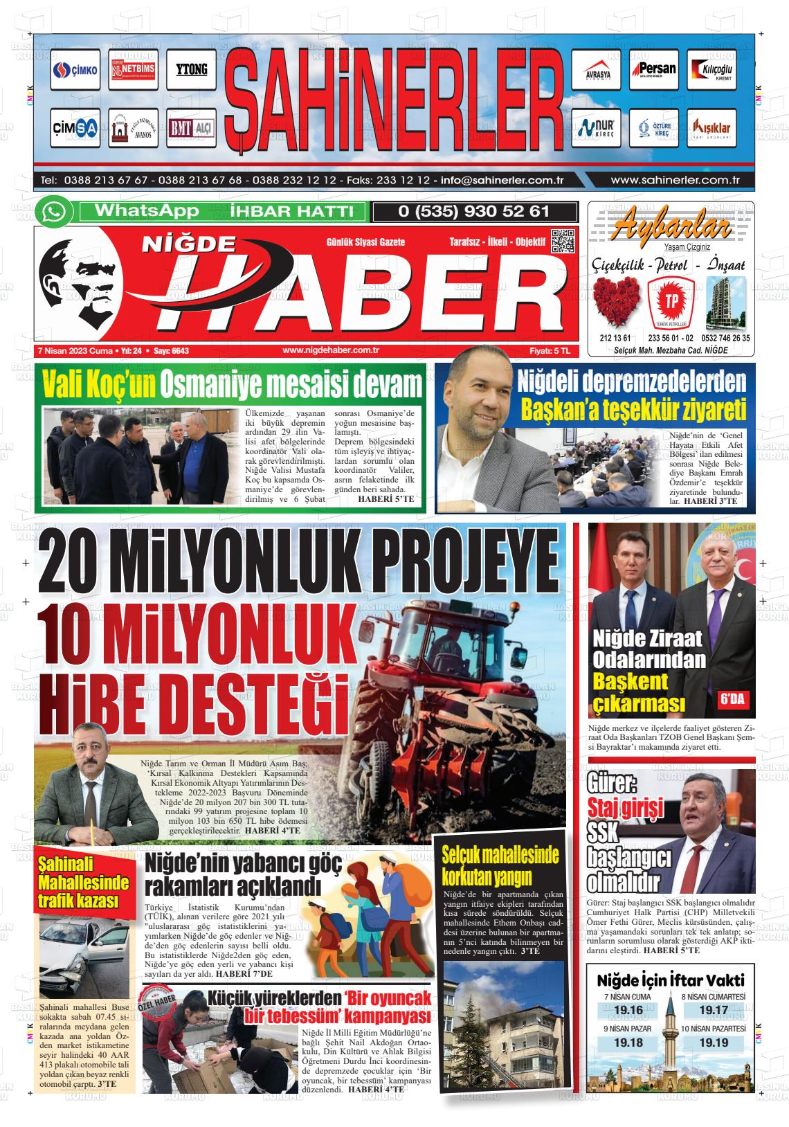 07 Nisan 2023 Niğde Haber Gazete Manşeti