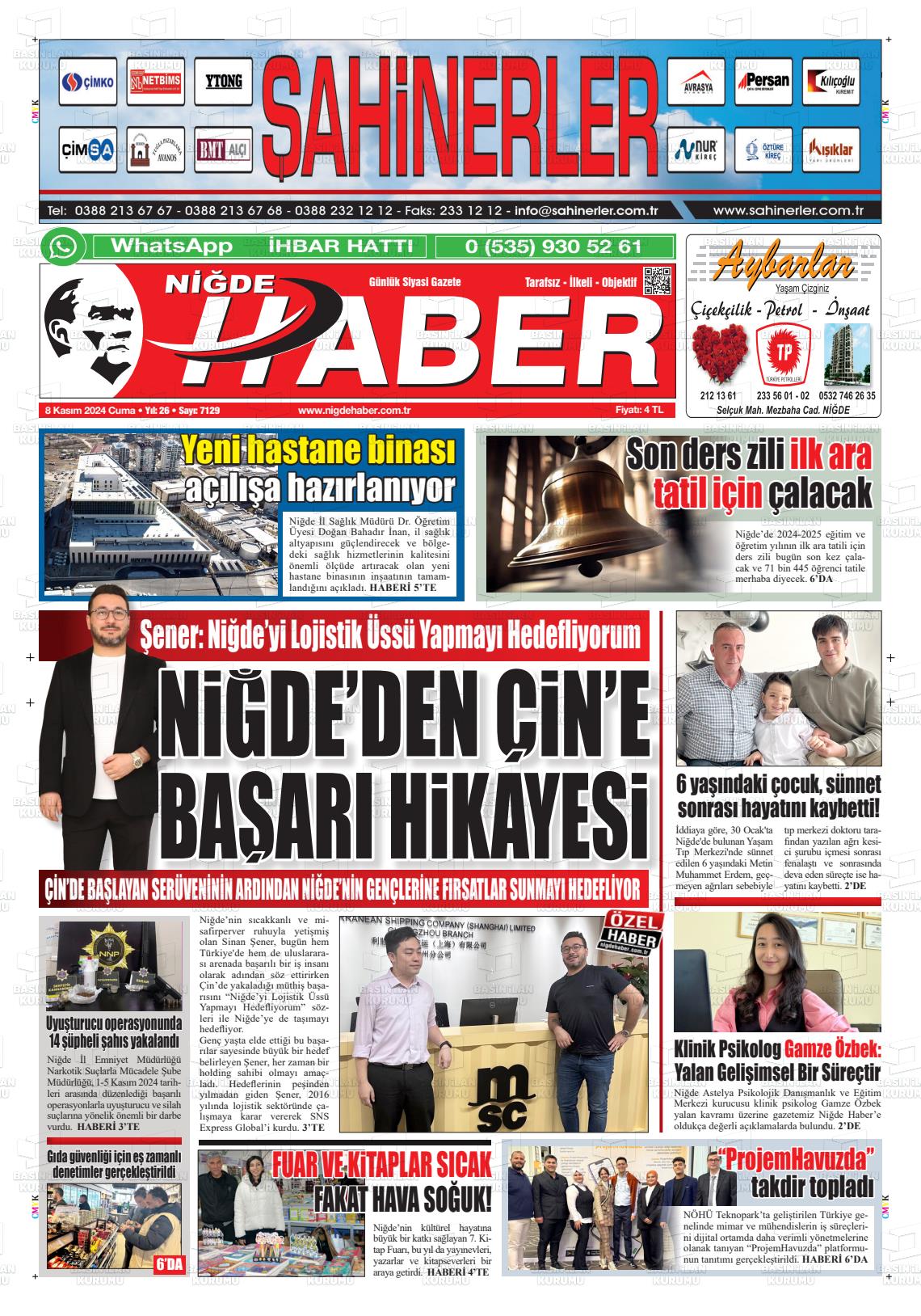 08 Kasım 2024 Niğde Haber Gazete Manşeti