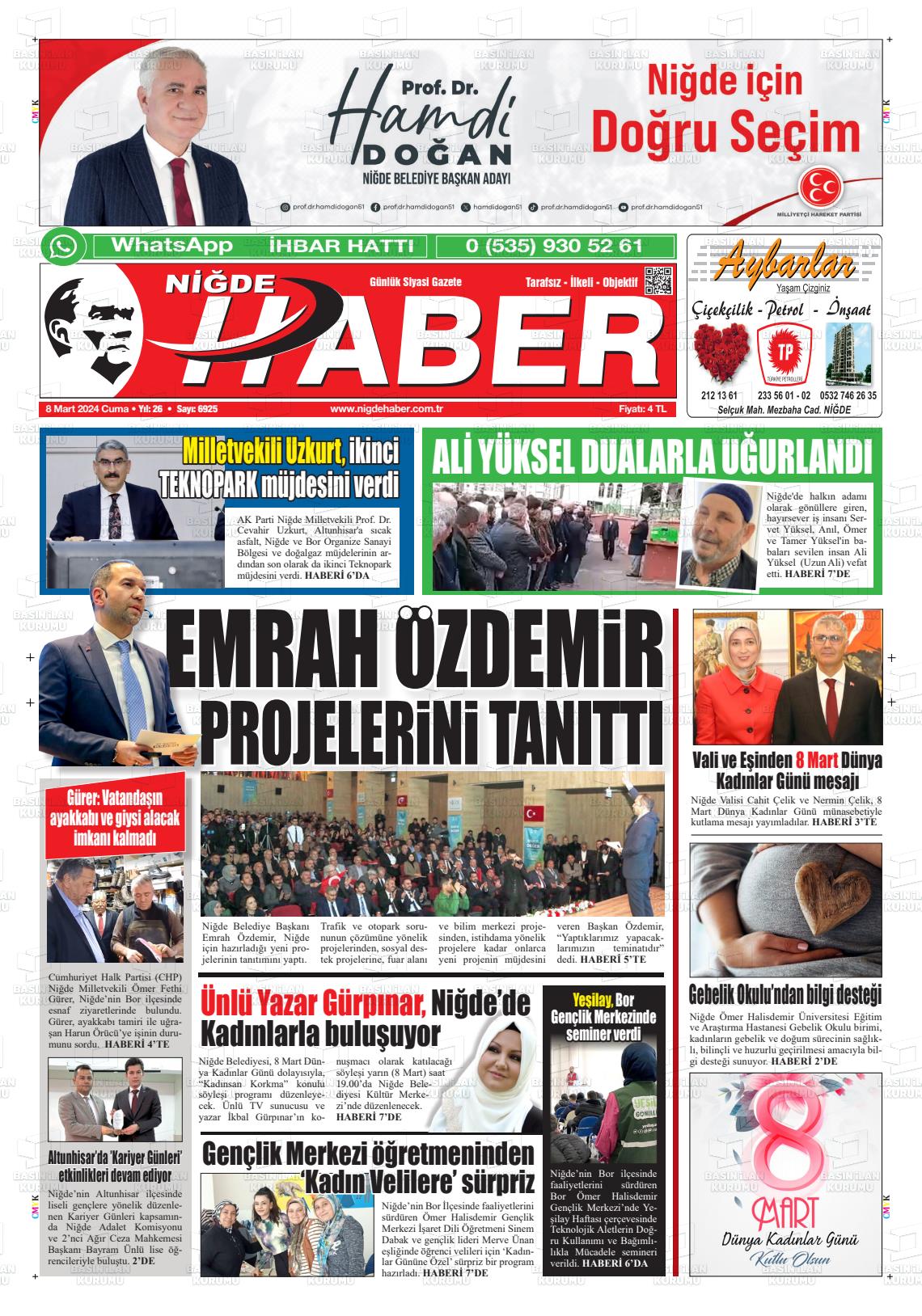 08 Mart 2024 Niğde Haber Gazete Manşeti