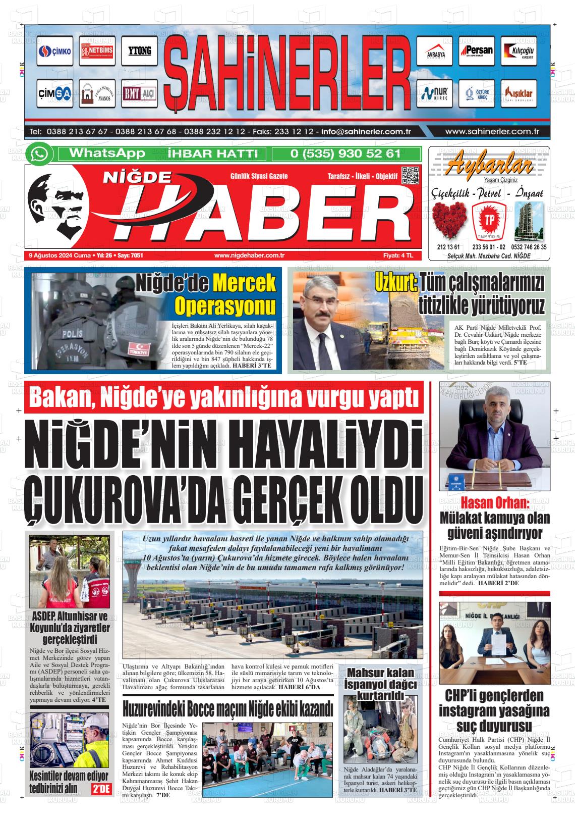 09 Ağustos 2024 Niğde Haber Gazete Manşeti