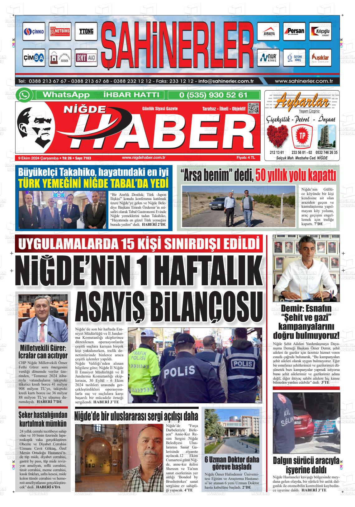 09 Ekim 2024 Niğde Haber Gazete Manşeti