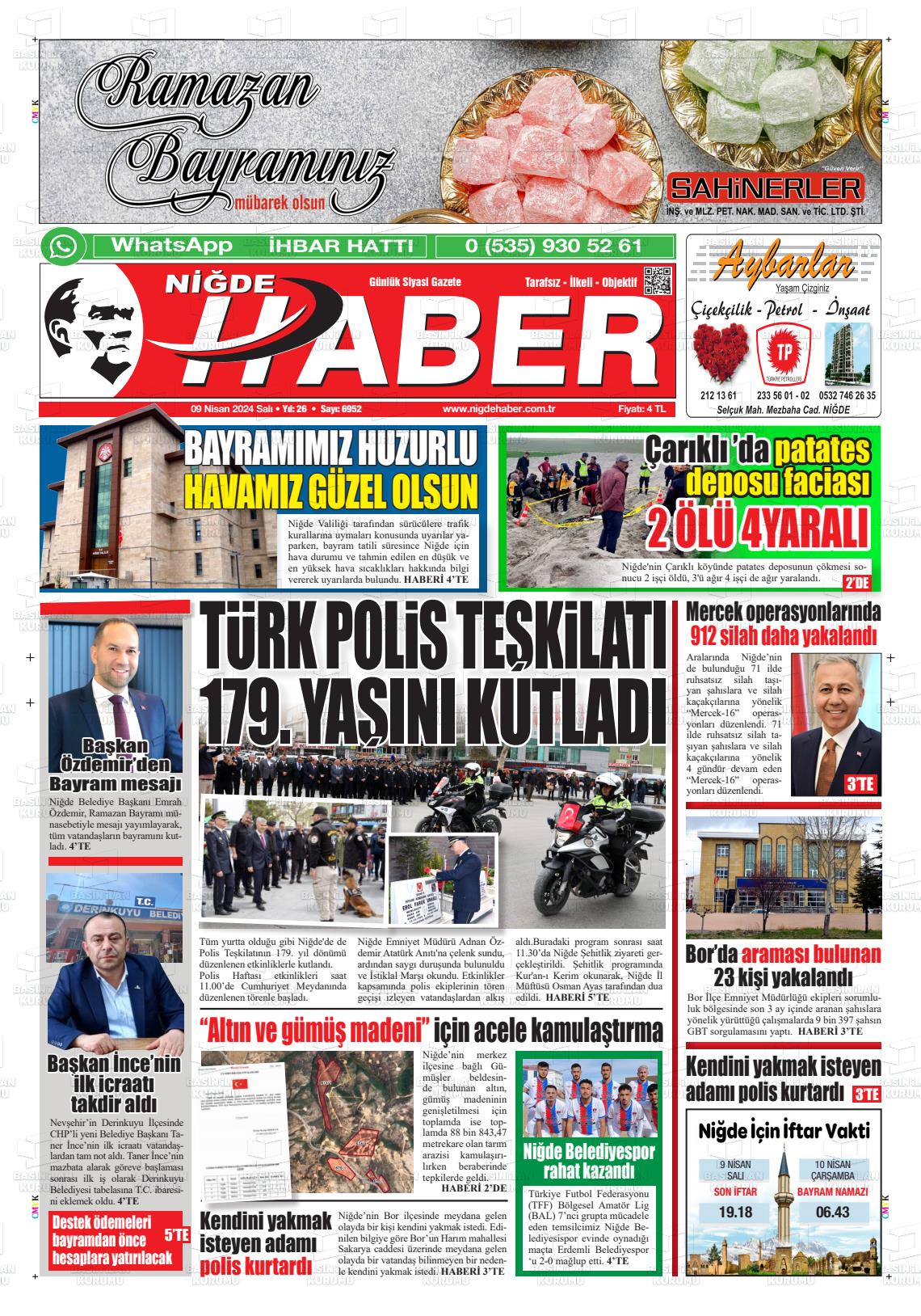 09 Nisan 2024 Niğde Haber Gazete Manşeti