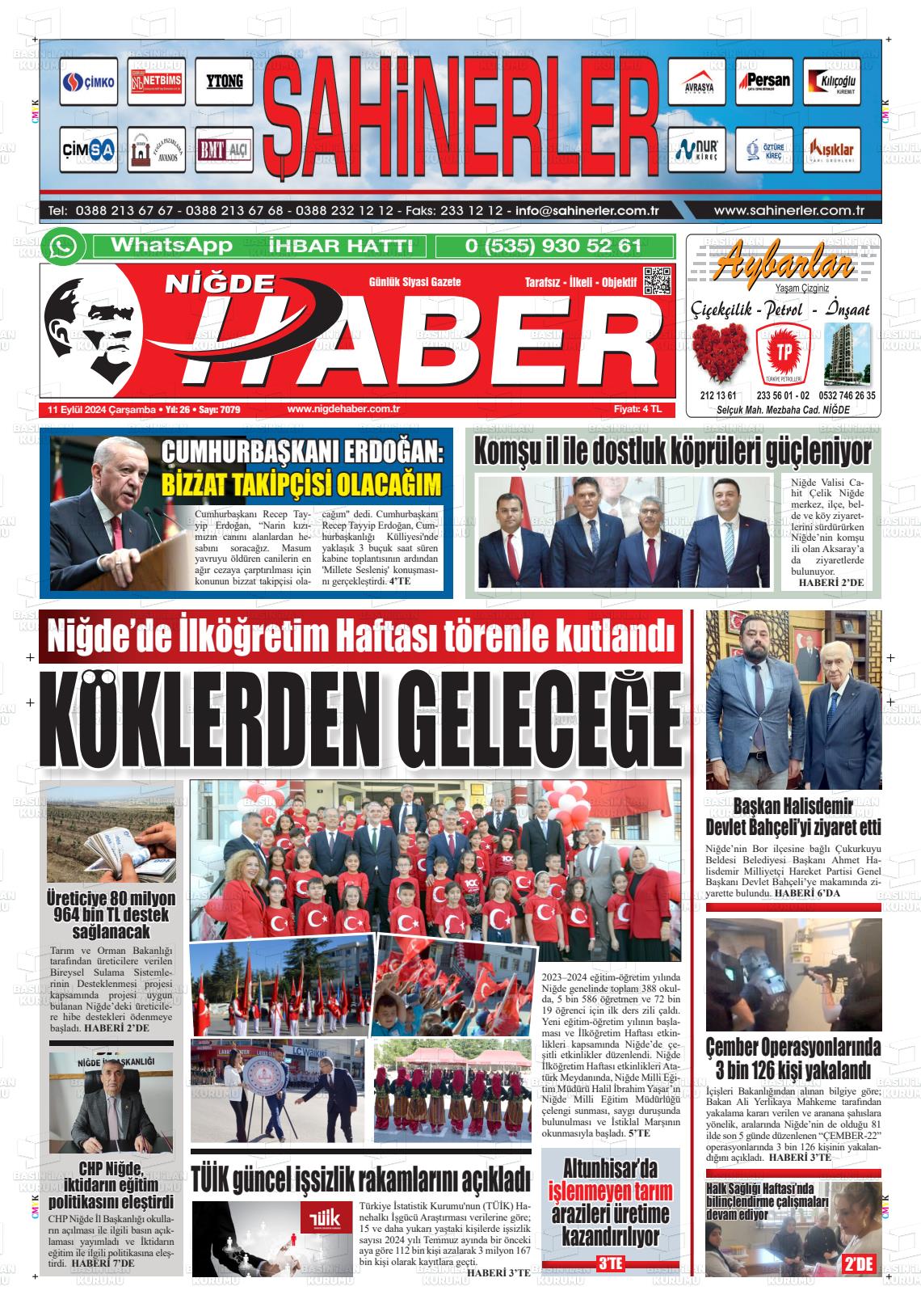 11 Eylül 2024 Niğde Haber Gazete Manşeti