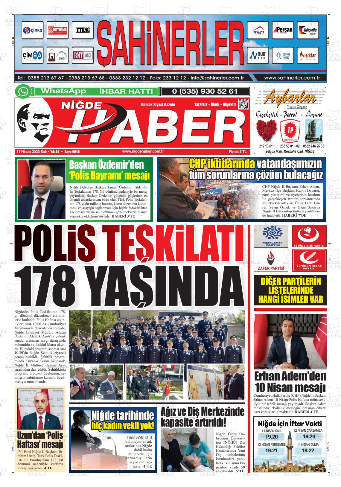 11 Nisan 2023 Niğde Haber Gazete Manşeti