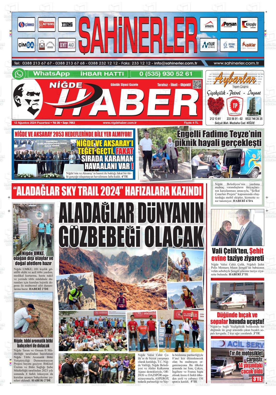 12 Ağustos 2024 Niğde Haber Gazete Manşeti