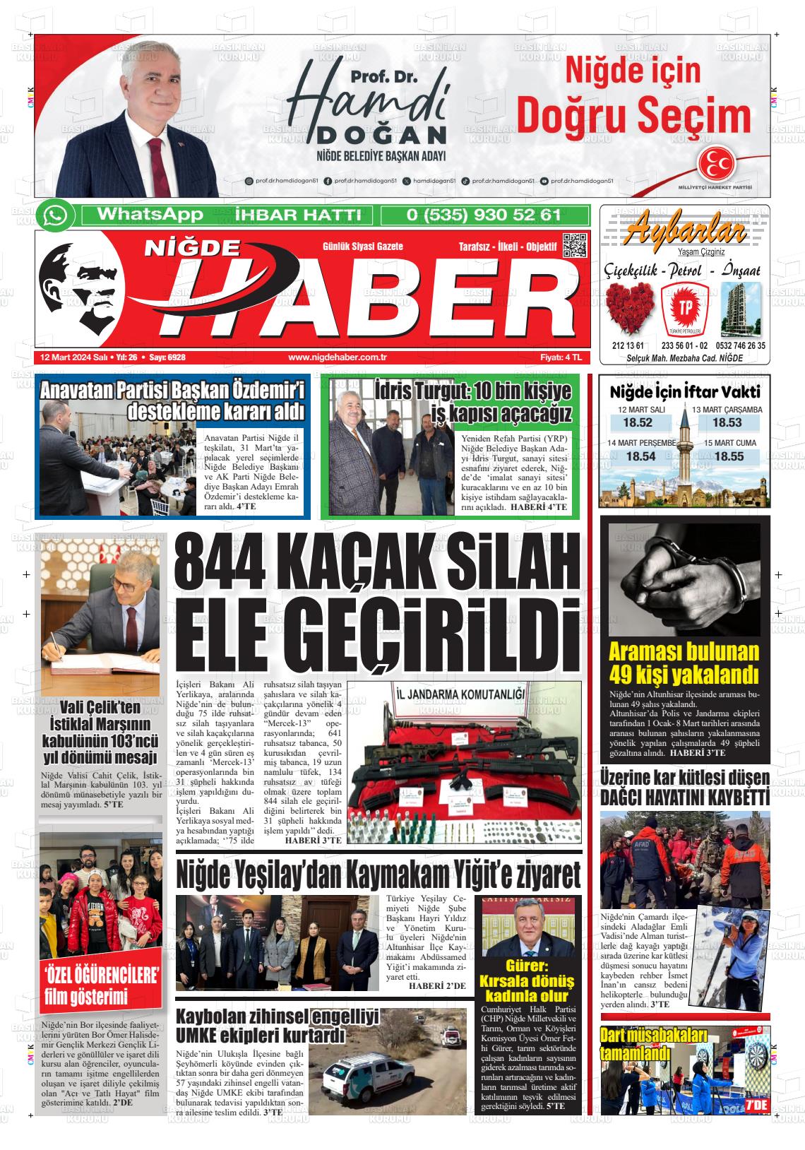 12 Mart 2024 Niğde Haber Gazete Manşeti