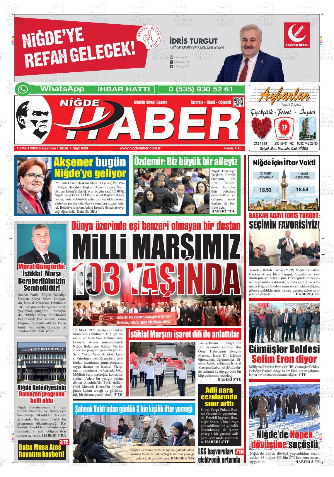 13 Mart 2024 Niğde Haber Gazete Manşeti