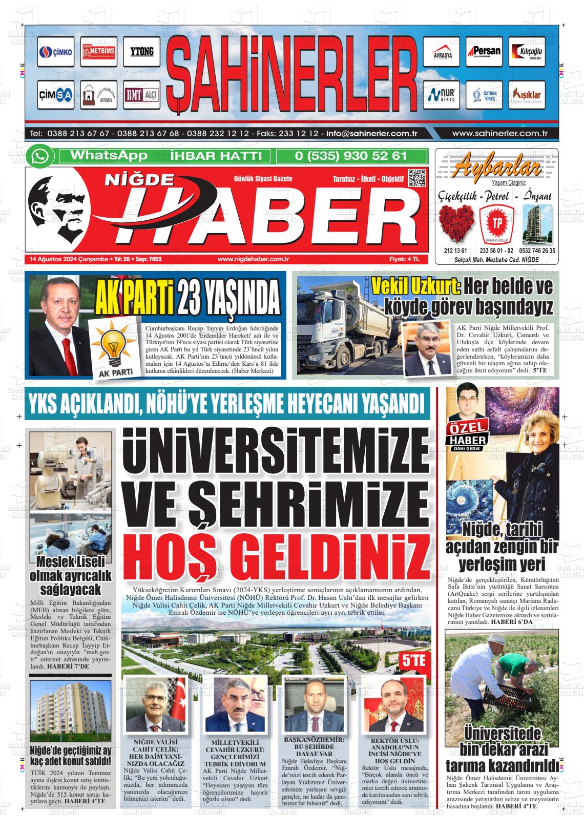 14 Ağustos 2024 Niğde Haber Gazete Manşeti