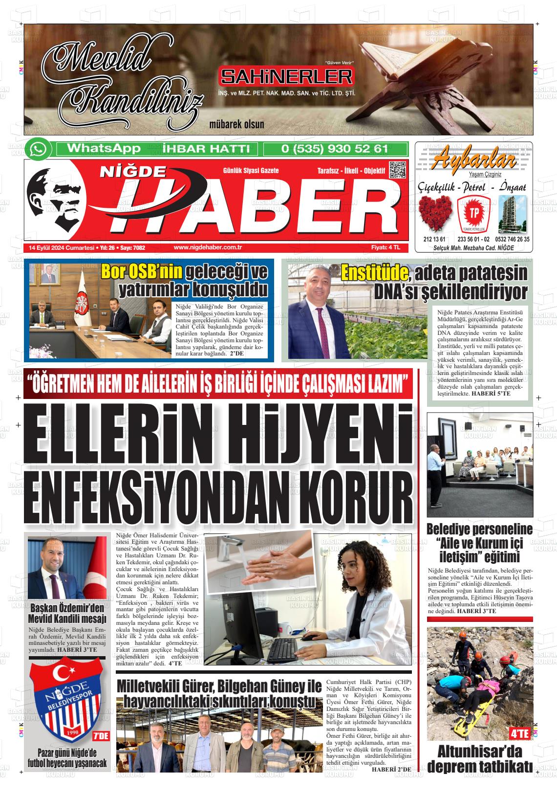 14 Eylül 2024 Niğde Haber Gazete Manşeti