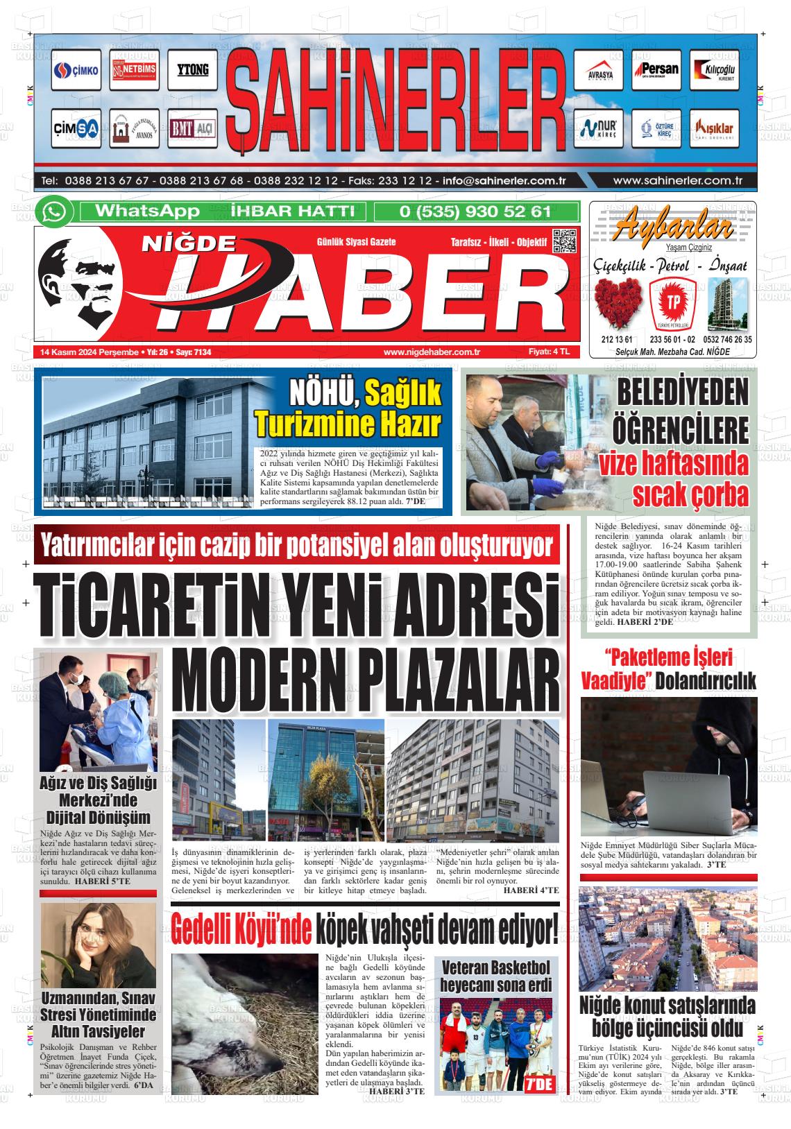 14 Kasım 2024 Niğde Haber Gazete Manşeti