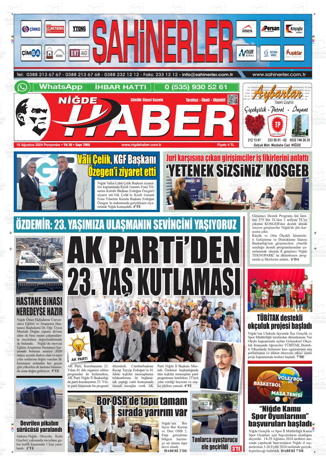 15 Ağustos 2024 Niğde Haber Gazete Manşeti