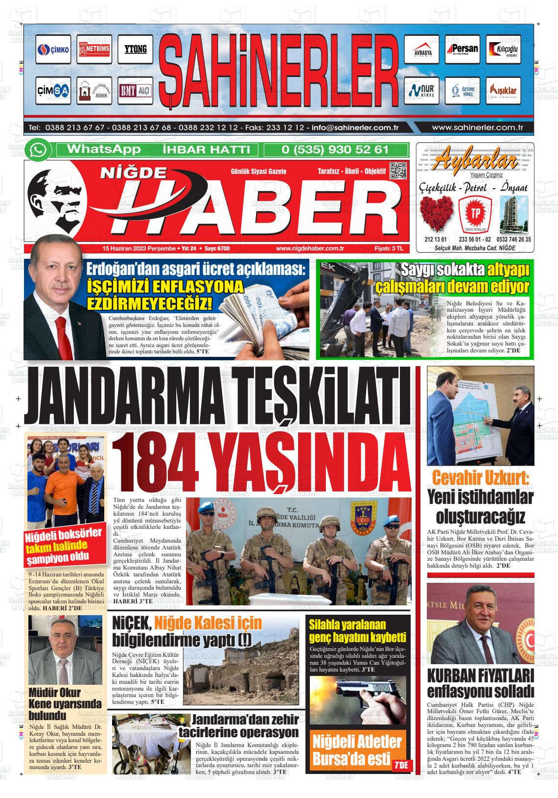 15 Haziran 2023 Niğde Haber Gazete Manşeti