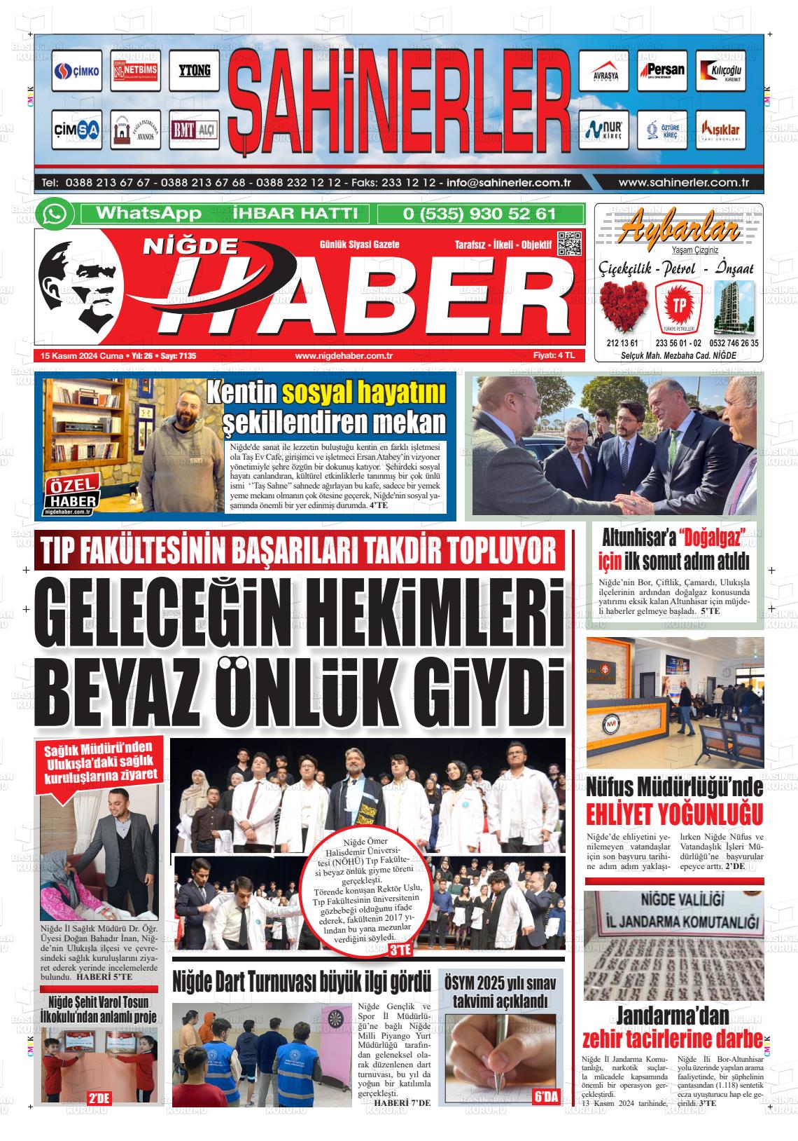 15 Kasım 2024 Niğde Haber Gazete Manşeti