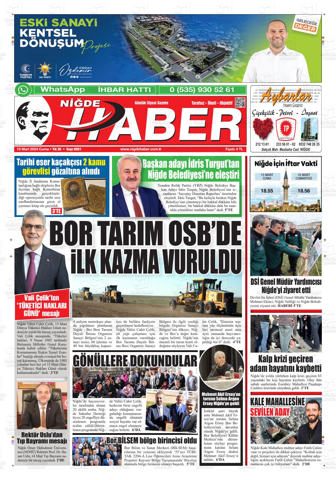 15 Mart 2024 Niğde Haber Gazete Manşeti