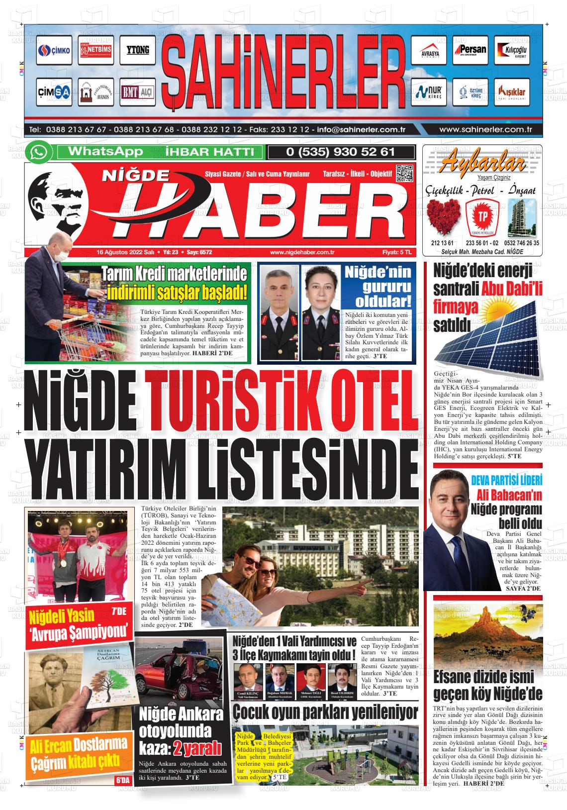 16 Ağustos 2022 Niğde Haber Gazete Manşeti