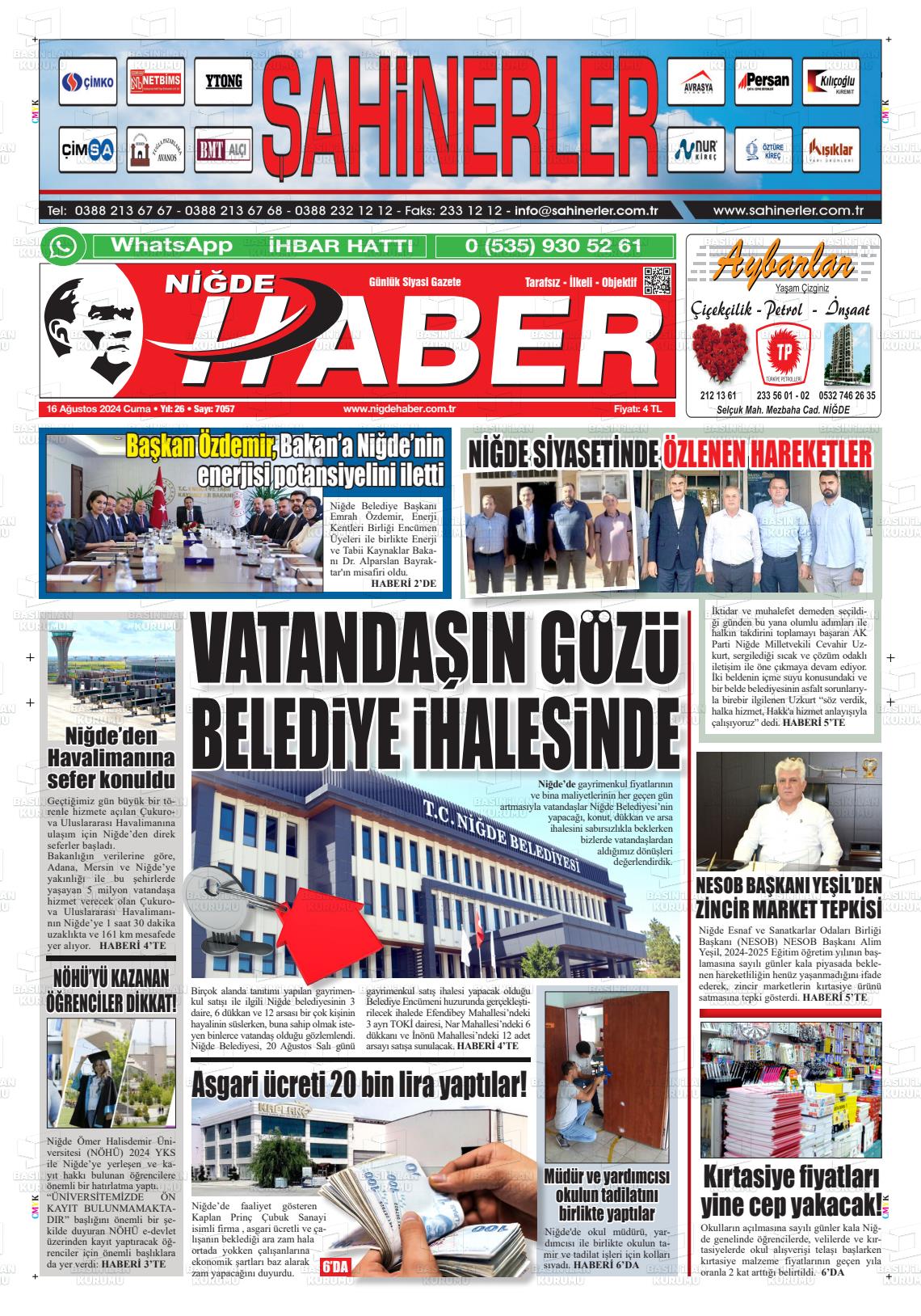 16 Ağustos 2024 Niğde Haber Gazete Manşeti