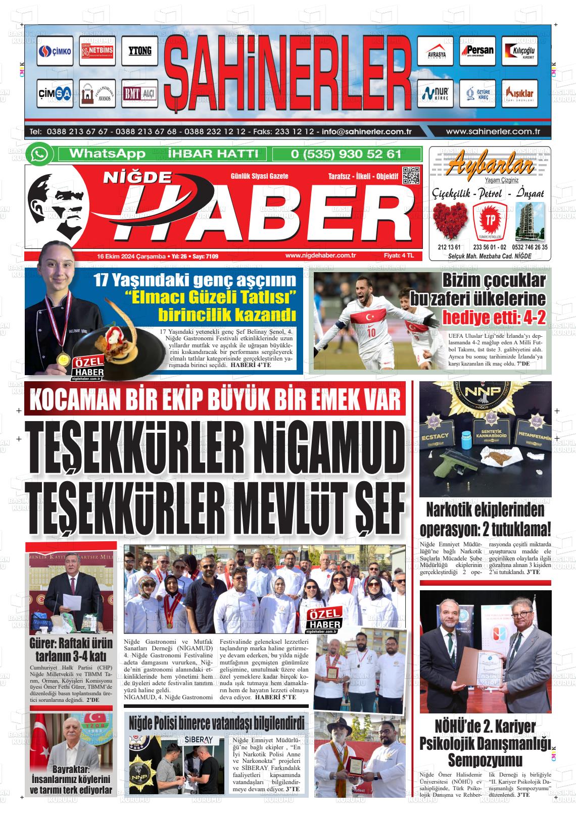 16 Ekim 2024 Niğde Haber Gazete Manşeti