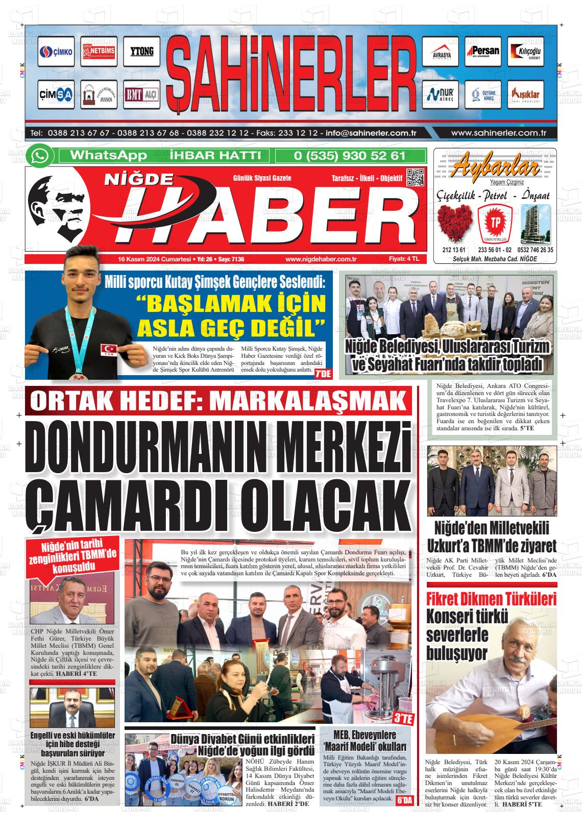 16 Kasım 2024 Niğde Haber Gazete Manşeti