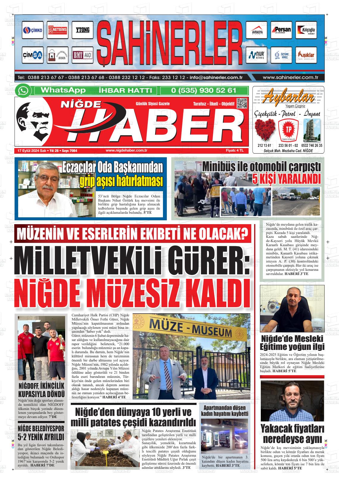 17 Eylül 2024 Niğde Haber Gazete Manşeti