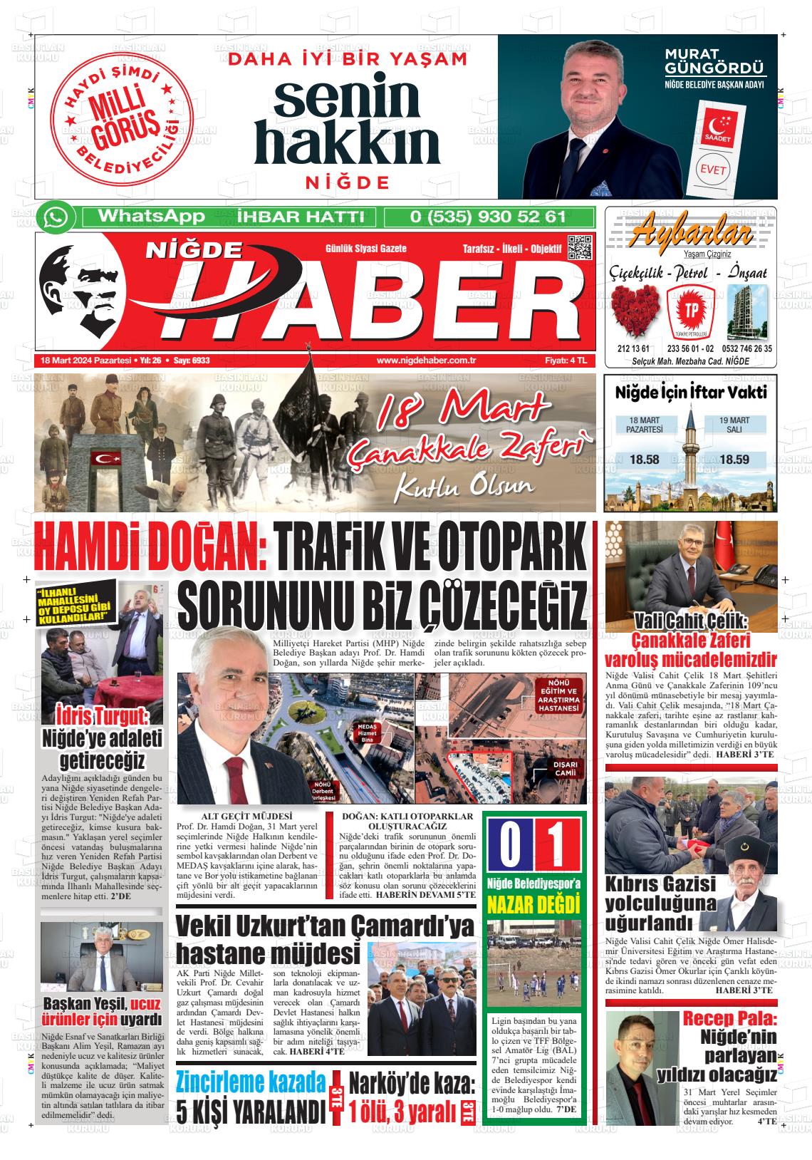 18 Mart 2024 Niğde Haber Gazete Manşeti