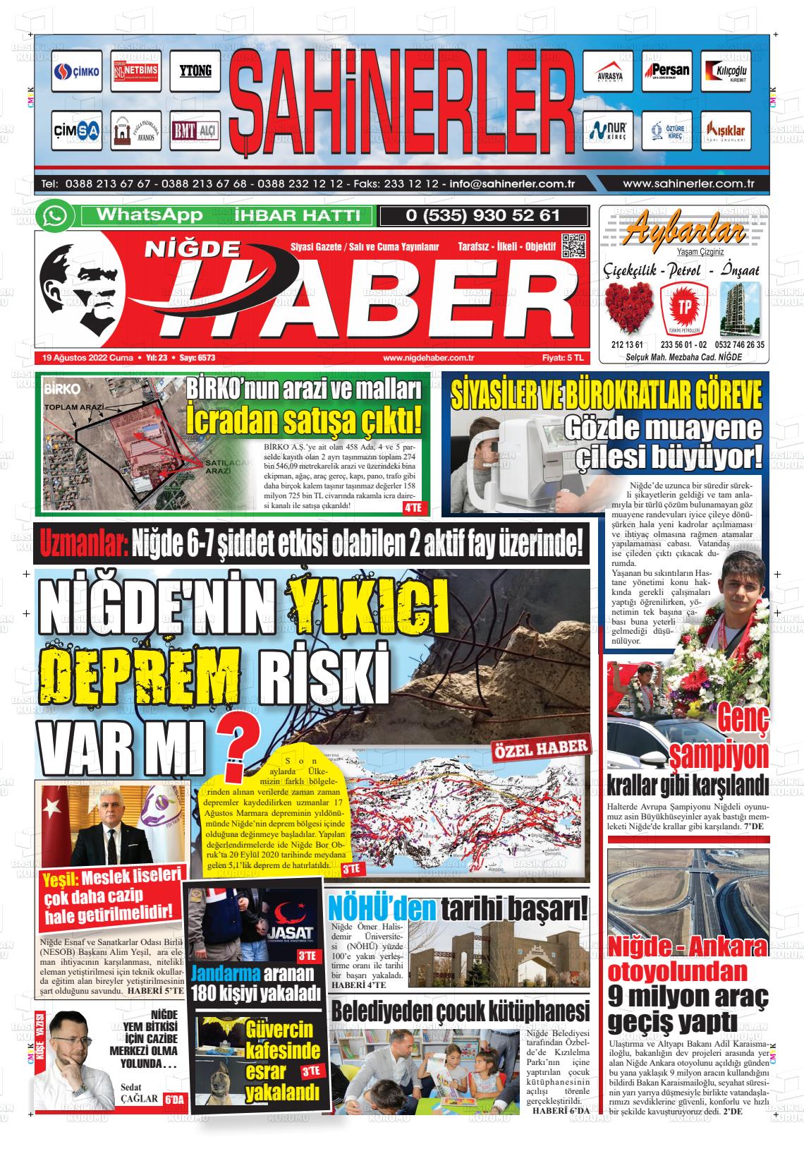 19 Ağustos 2022 Niğde Haber Gazete Manşeti