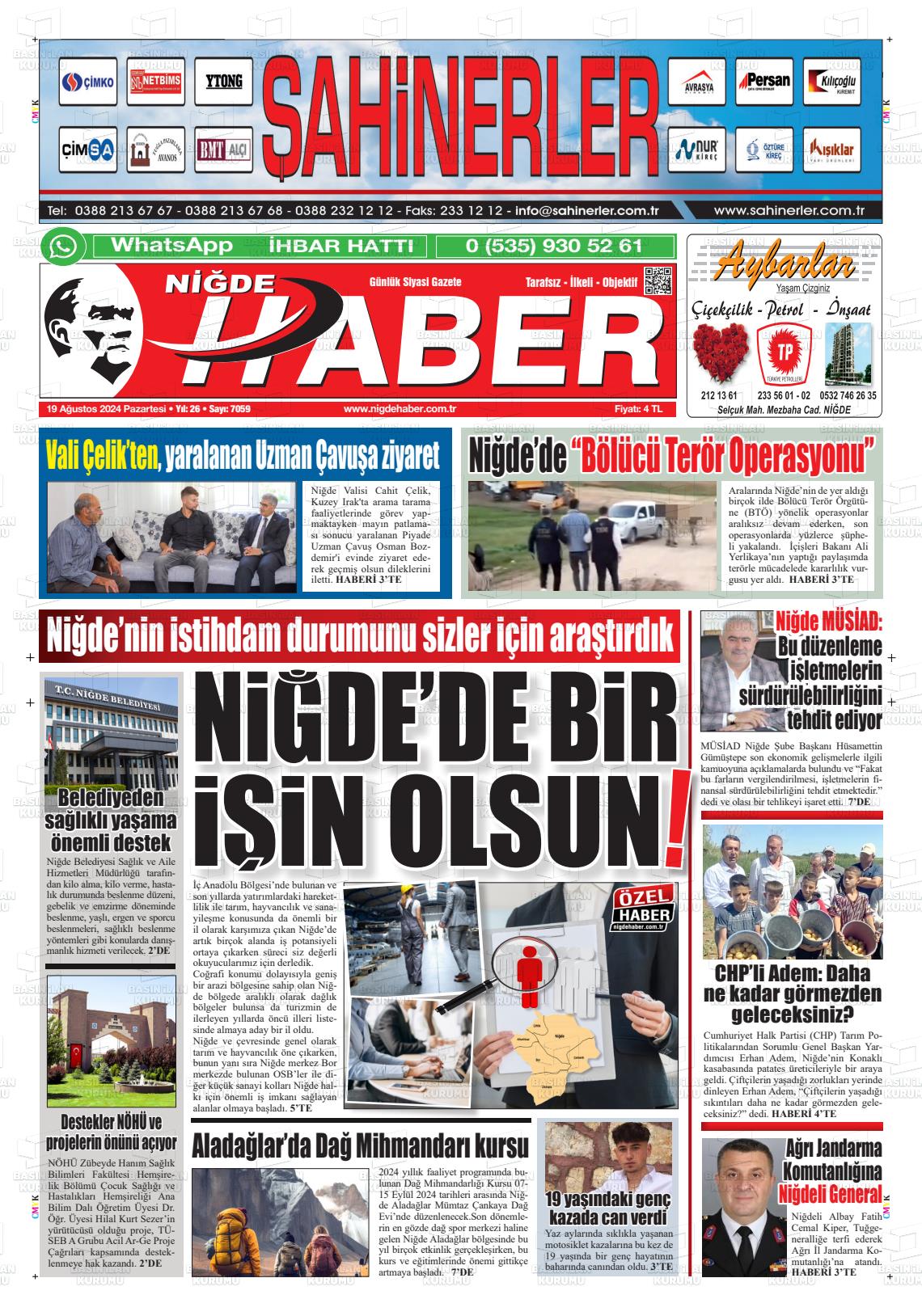 19 Ağustos 2024 Niğde Haber Gazete Manşeti