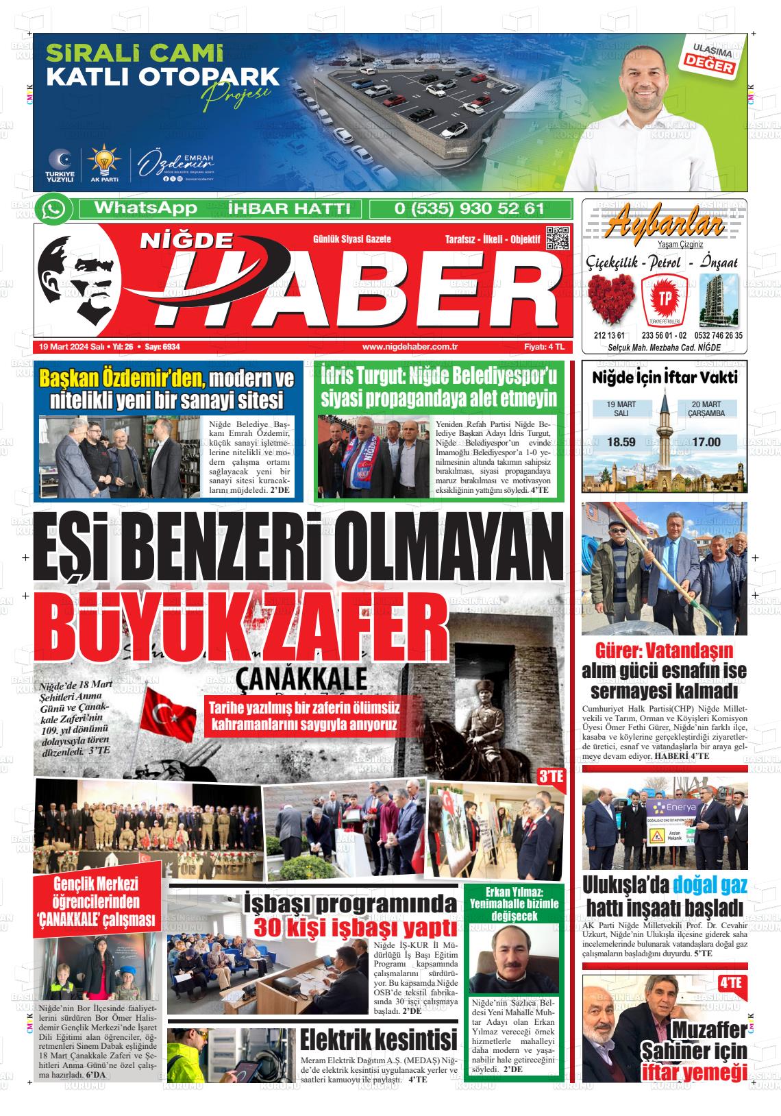 19 Mart 2024 Niğde Haber Gazete Manşeti