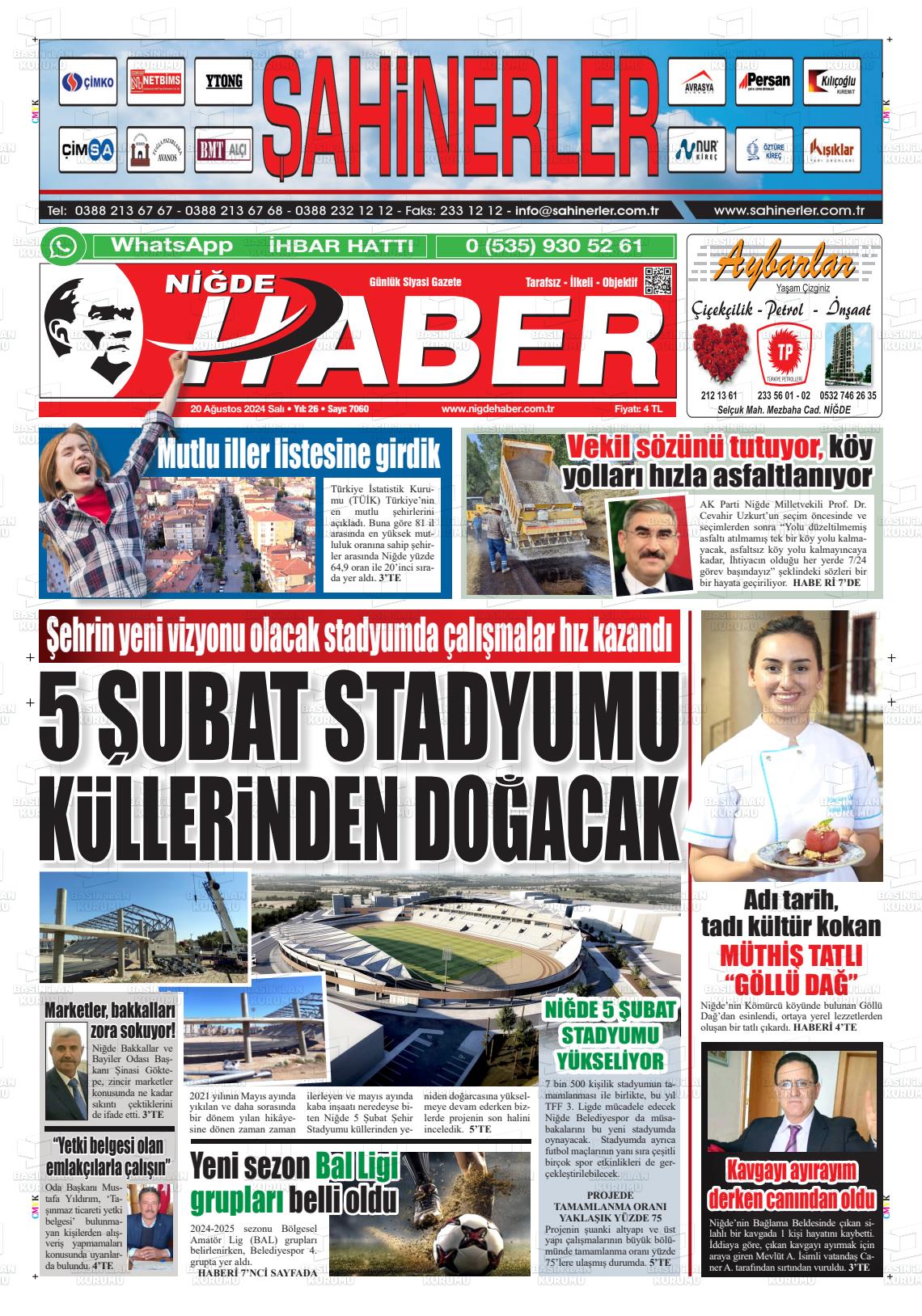 20 Ağustos 2024 Niğde Haber Gazete Manşeti