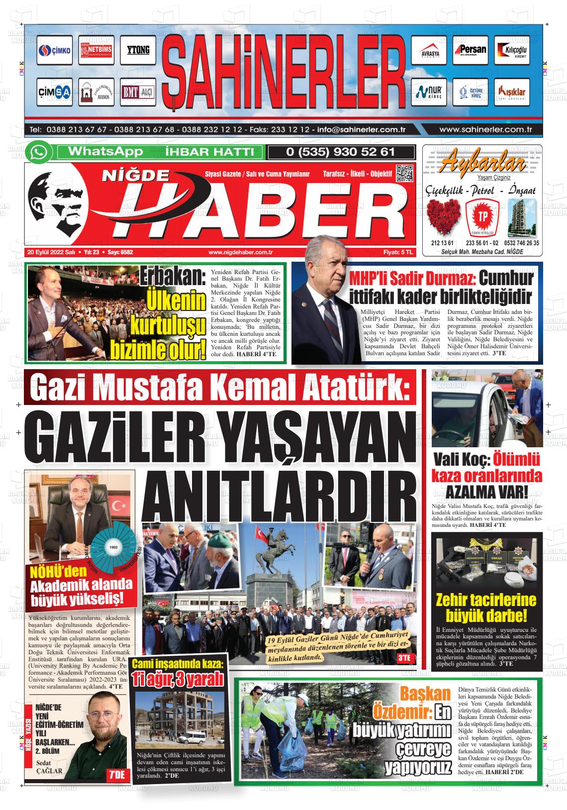 20 Eylül 2022 Niğde Haber Gazete Manşeti